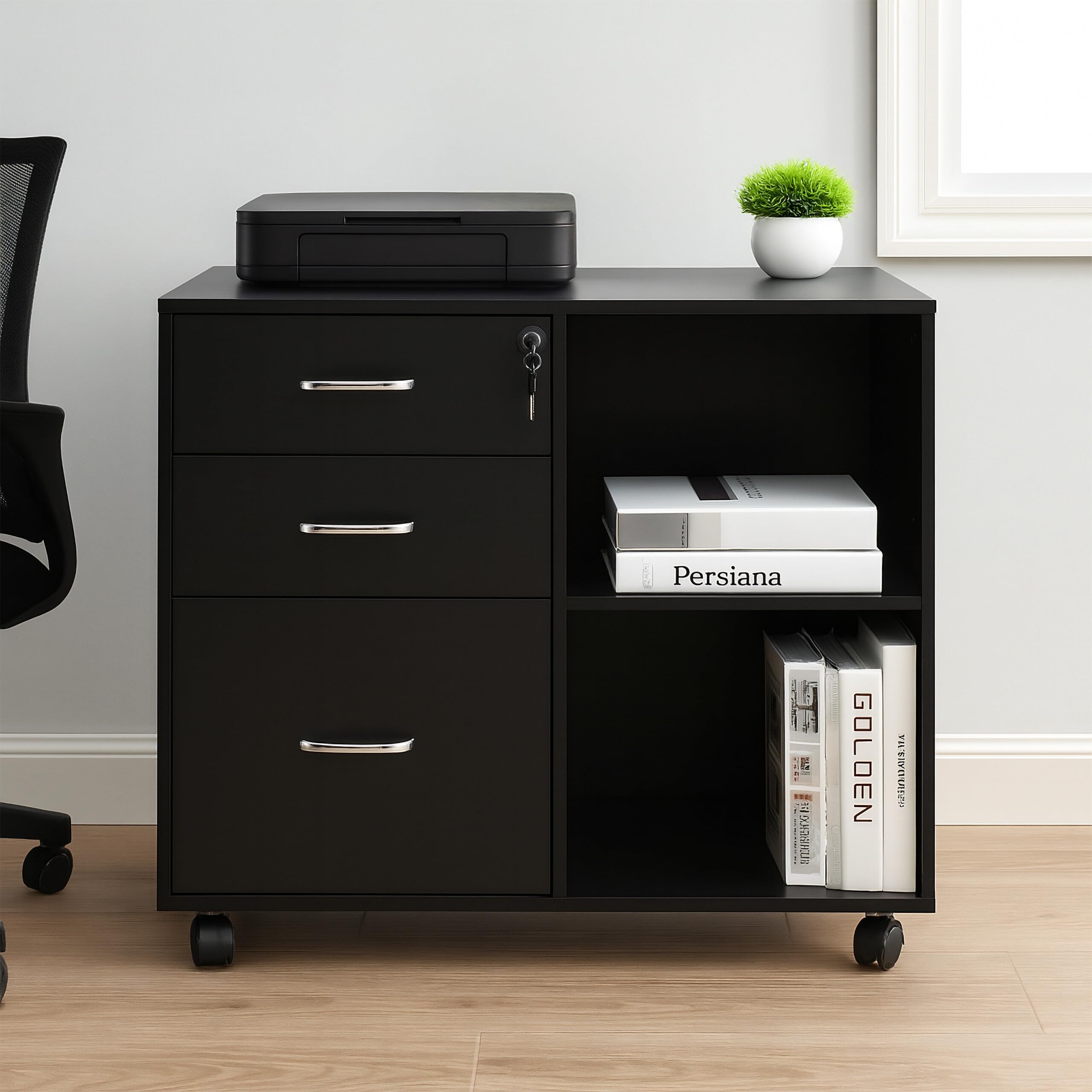 Relaxdays Caisson Mobile, 3 tiroirs, 2 Compartiments, H x l x P : 66 x 80 x 40 cm, Armoire verrouillable, Noir
