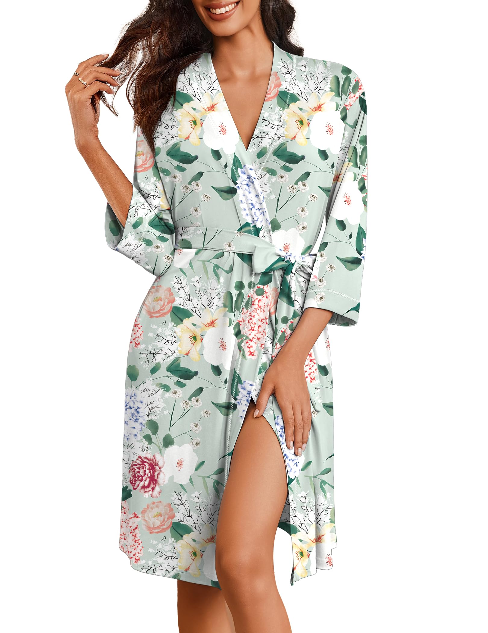 Ekouaer Robes for Women Knee Length Bathrobe Lightweight Kimono Robe 3 4 Sleeve Loungewear Soft Sleepwear with Pockets