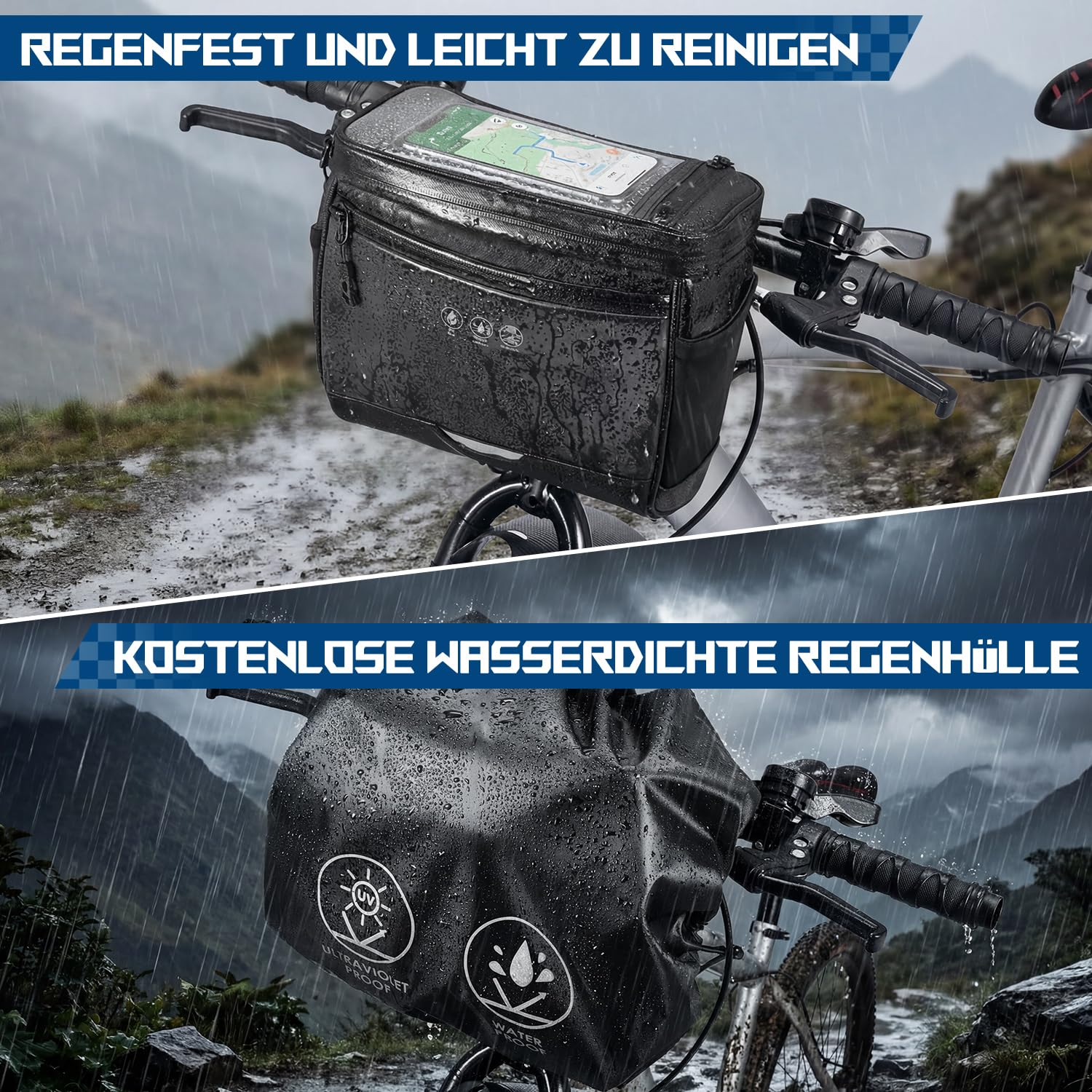 Eyein Fahrrad Lenkertasche, 3,5L Wasserabweisende Isolierte Fahrradtasche Lenker mit Regenschutz und Touch-Handytasche, Reflektierende Fahrradkorb vorne mit Schultergurt für Ebike Radsport