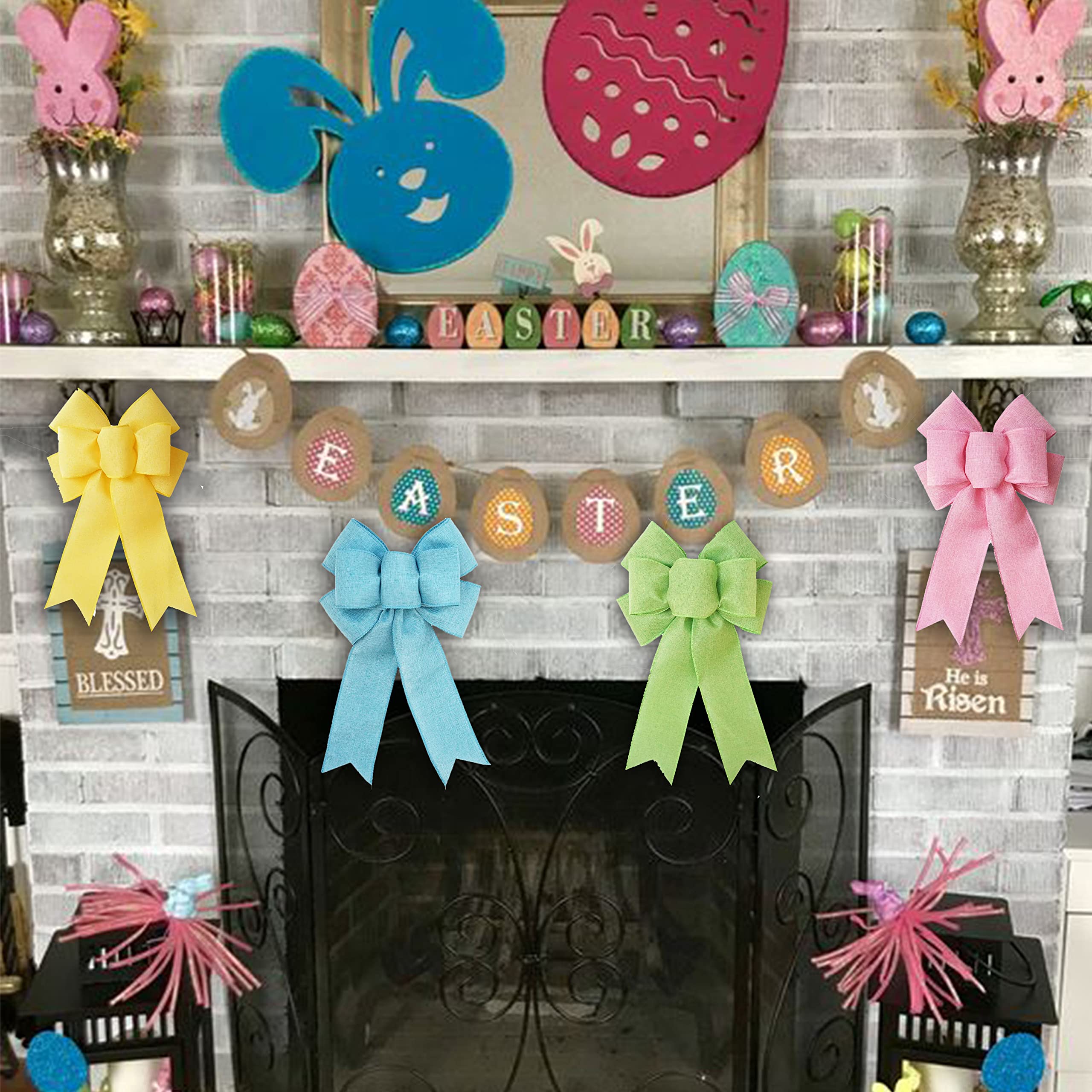 Easter Burlap Wired Ribbons - 4 Rolls 1.5 Inch Wide Edge Ribbon For Wreaths & Crafts