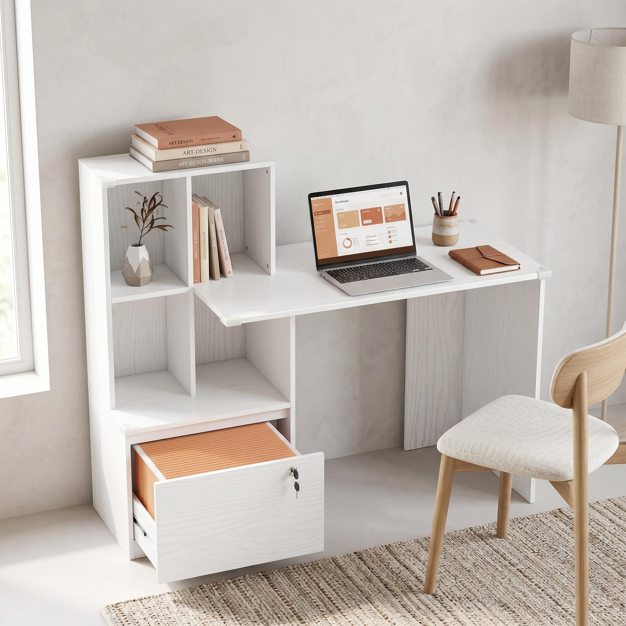 HOMCOM Scrivania 126 cm con cassetti bloccabili, grana del legno bianca | Scrivania per home office, libreria, scrivania, per camera da letto, studio