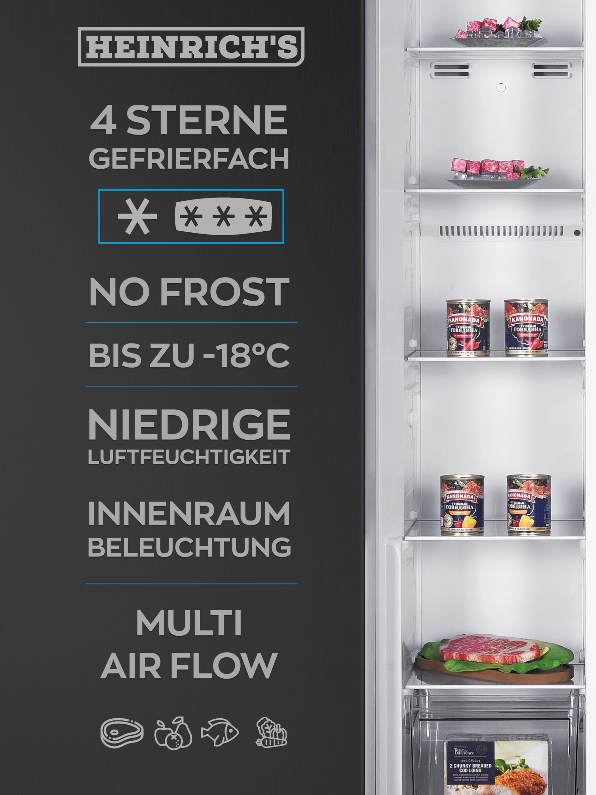 Heinrich´s Side-by-Side Kühlschrank, Kühlgefrierkombination mit 439L Mega Gesamtvolumen, NO-FROST, 151L Gefriervolumen, inkl. Wasserspender, LED Beleuchtung,Touch, Multi-Airflow-System, Schwarz-Inox