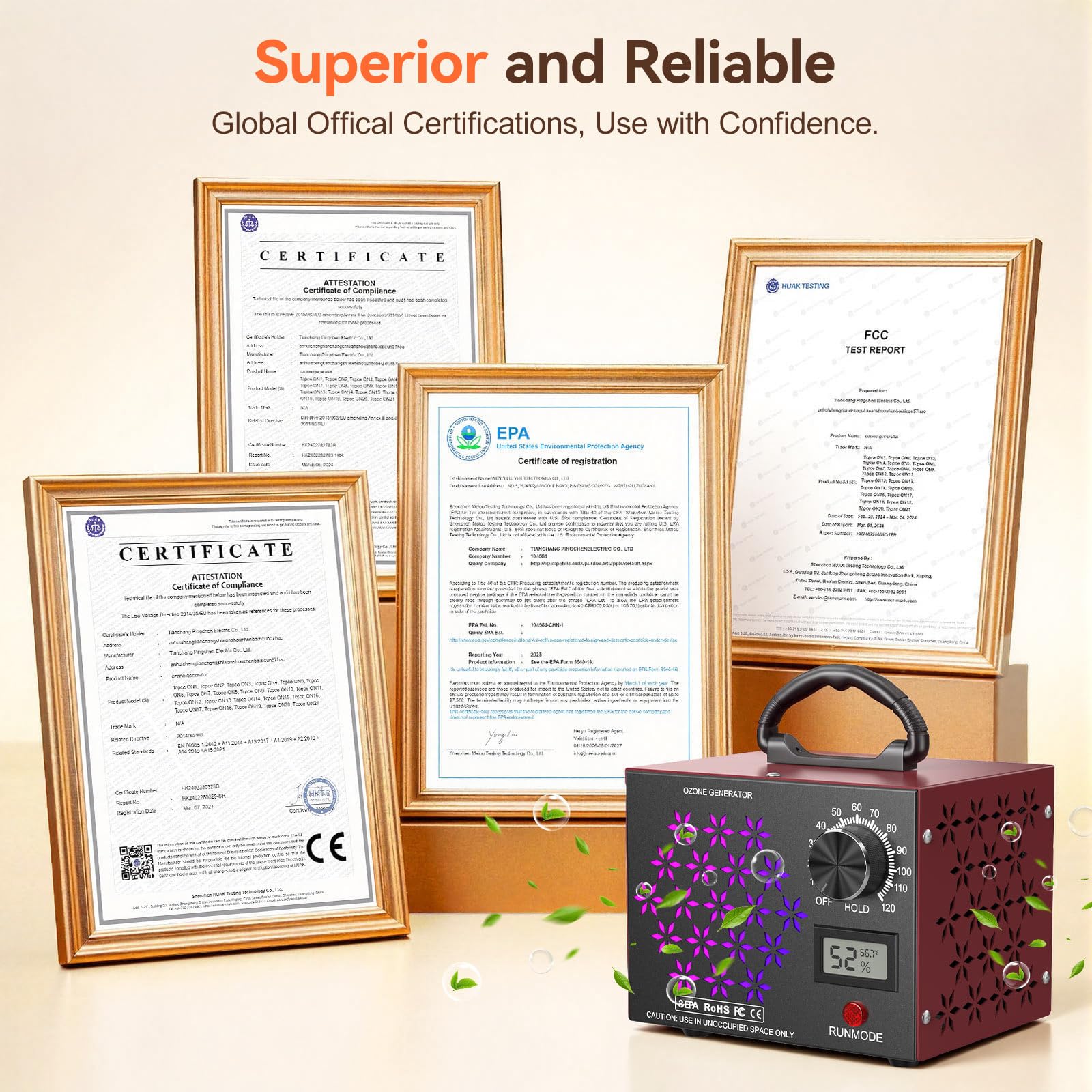 Générateur d'ozone 120 000 mg/h avec affichage de la température/l'humidité, triple aérations latérales pour une meilleure circulation de l'air – Purificateur d'air plus rapide et plus large pour la