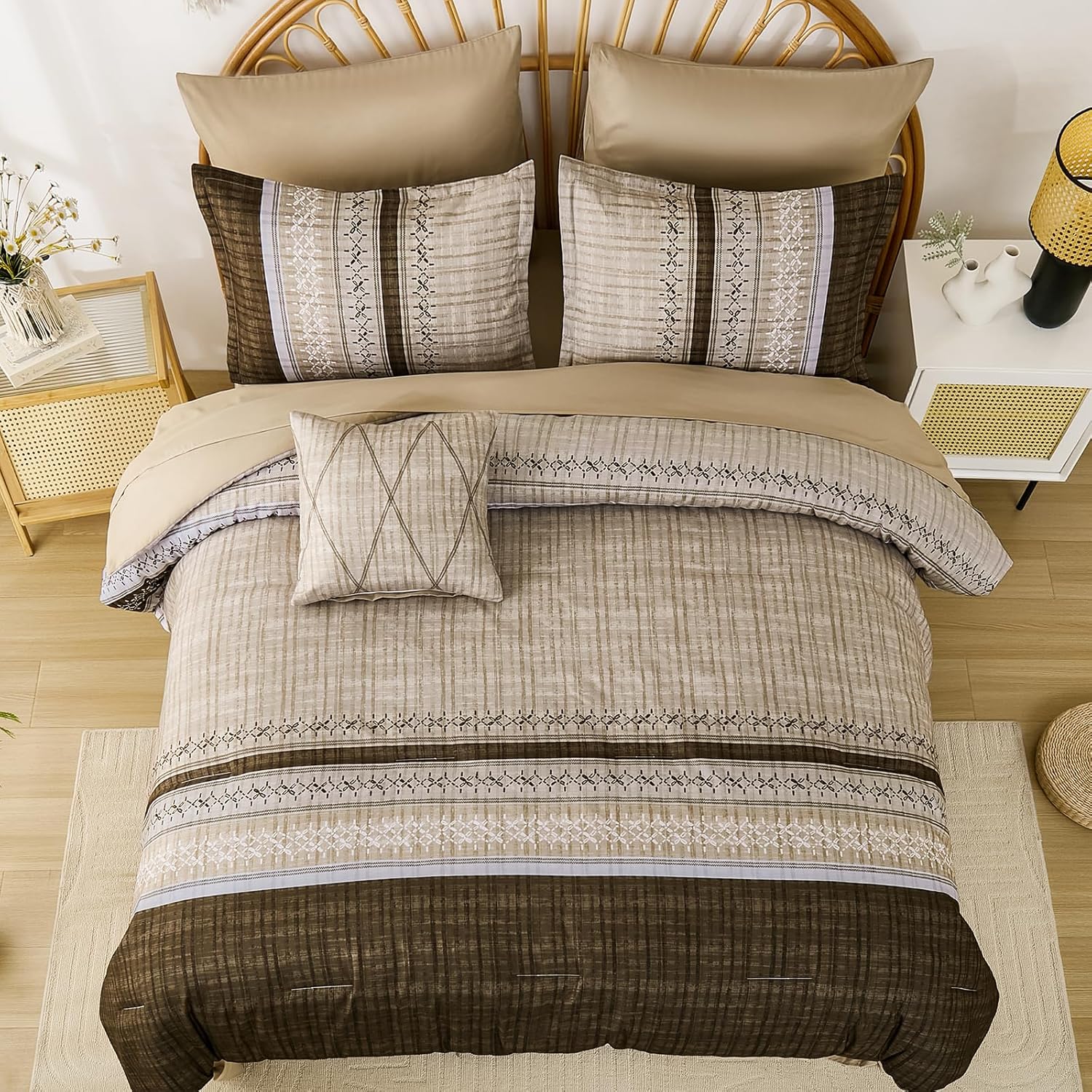 Dintszyayue Brown Comforter Set Queen Size, 8 Pieces Boho Striped Bed in a Bag Soft Microfiber Bedding Set for All Season - Image 4