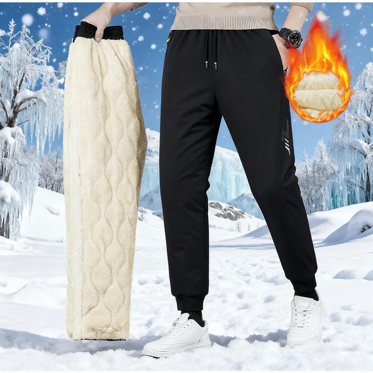 Mens Winter Pants Sherpa Fleece Lined Sweatpants Thermal Joggers with Zipper Pockets for Outdoor, Snow Sports - Image 2