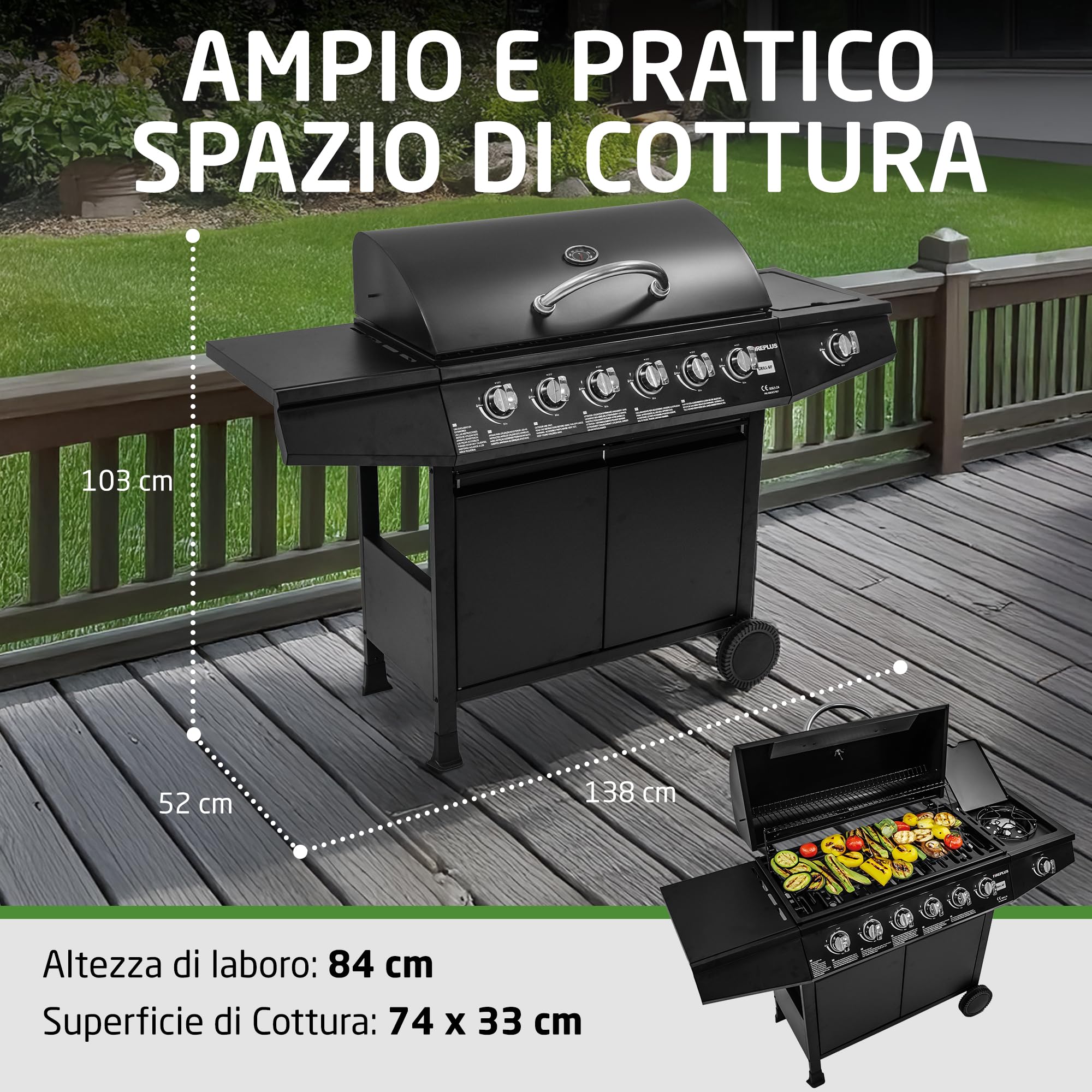 Barbecue a gas Fireplus 6+1 12,9 kW Acciaio inox nero GRILL-6F 7 bruciatori 138x52x103 cm