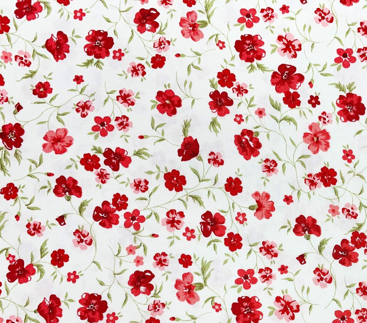 100% Cotton Poplin Fabric - Pretty Red Floral Print on Ivory - Craft Fabric Material by The Metre (CP0868IVORY)