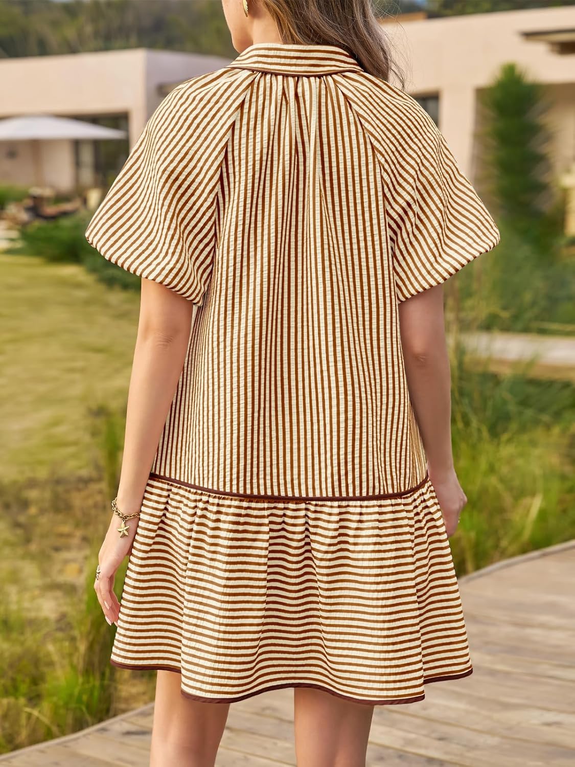 Wenrine Womens Summer Button Down Shirt Dress Casual Striped Puff Short Sleeve Collared Loose Mini Dresses with Pockets