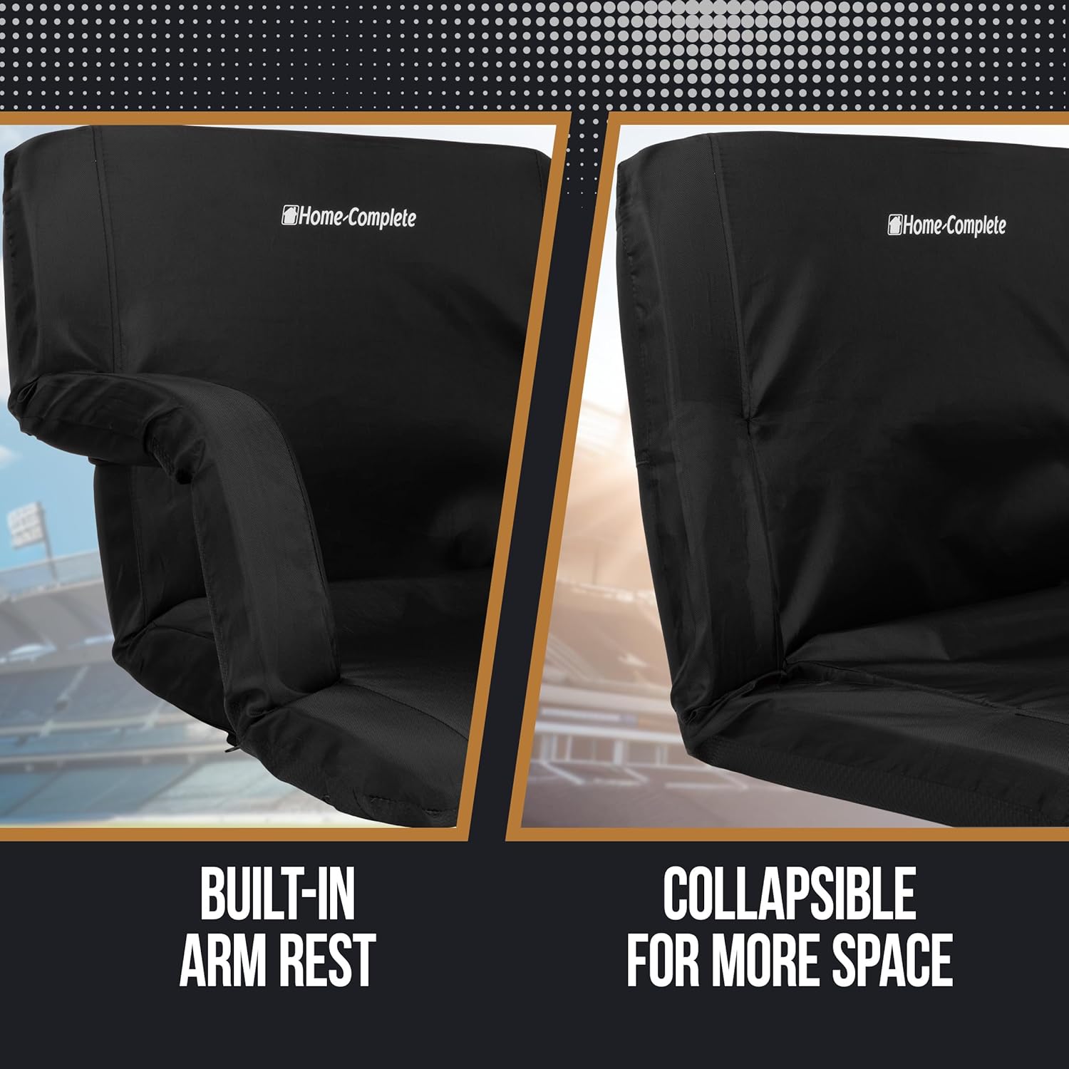 Stadium Seats - Bleacher Cushion with Padded Back Support and Armrests - 6 Reclining Positions Folding Stadium Chair with Carry Straps for Sports, Concerts, Camping, or Beach by Home-Complete