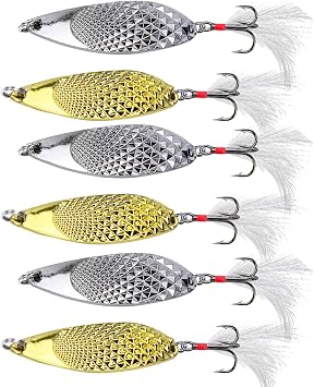 6 Pcs Fishing Spoons Lures, Metal Spoon Lures with Feather Hook, Gold and Silver Designs, 2.16 in, for Freshwater Saltwater Casting and Ice Fishing