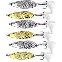6 Pcs Fishing Spoons Lures, Metal Spoon Lures with Feather Hook, Gold and Silver Designs, 2.16 in, for Freshwater Saltwater Casting and Ice Fishing