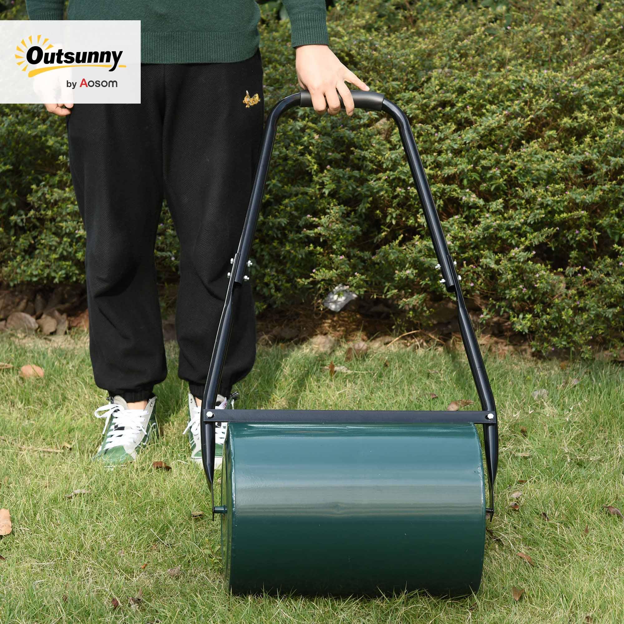 Outsunny Rasenwalze mit U-Griff 31 cm Durchmesser 30 cm Arbeitsbreit Grün | Gartenrolle, Gartenwalze, 40 L Wasser-/Sandfüllunge, Metall