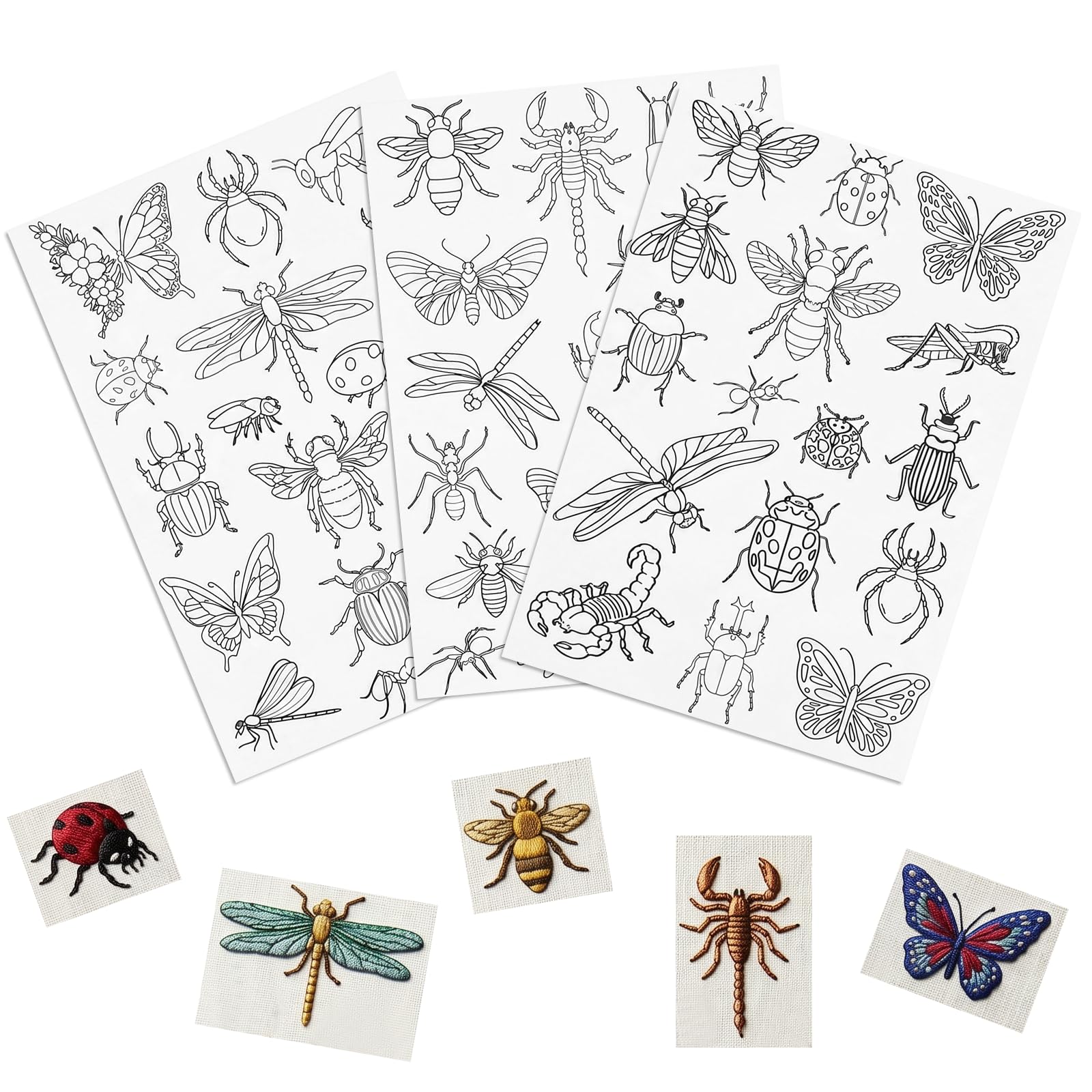 Water Soluble Embroidery Paper 3 Sheets Stick and Stitch Pre Printed Floral Butterfly Patterns for Hand Sewing Carves Shirts Towel Coats Bags (Insect)