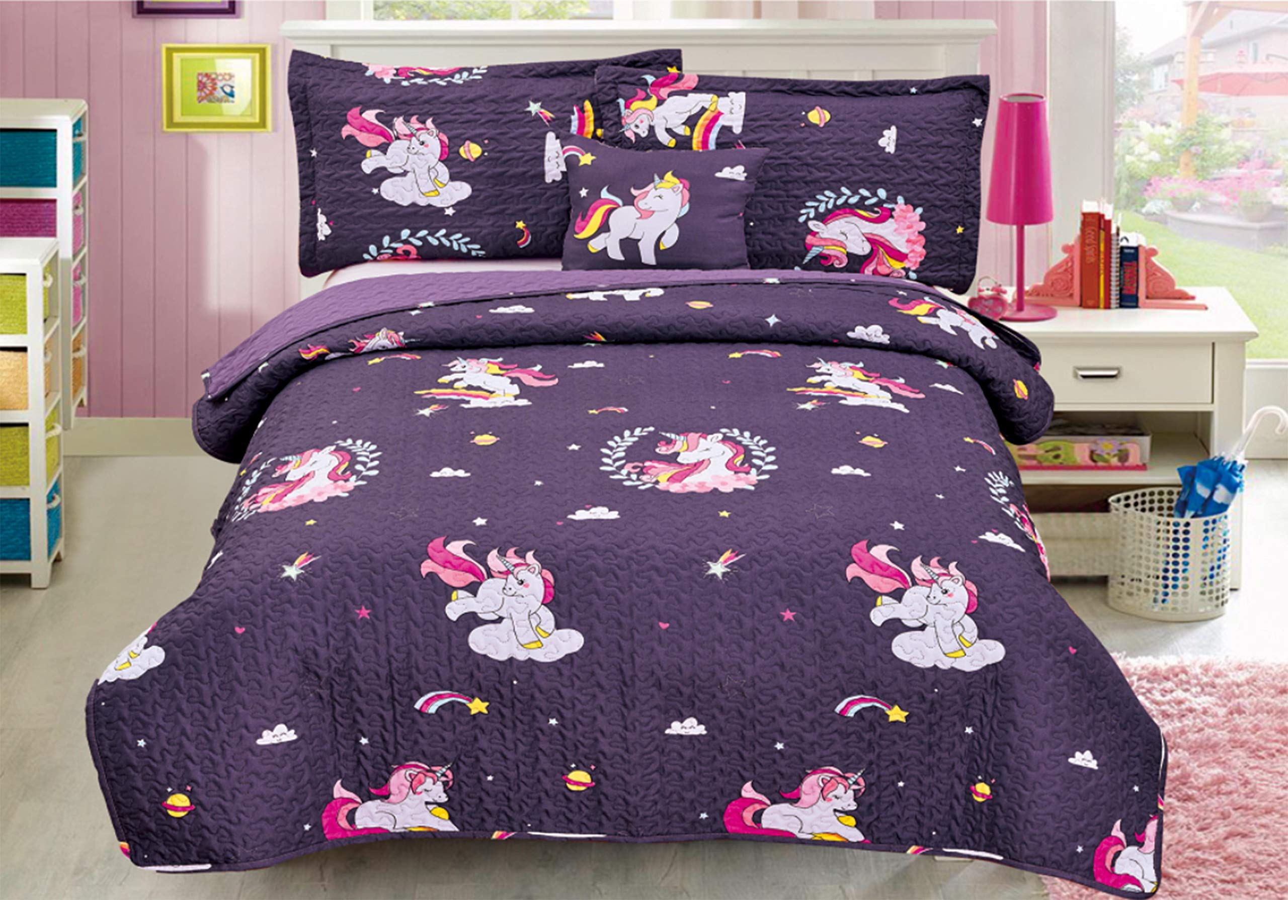 SunRise Children's Four Piece Quilt Set with Decorative Pillow (Unicorn, Full)