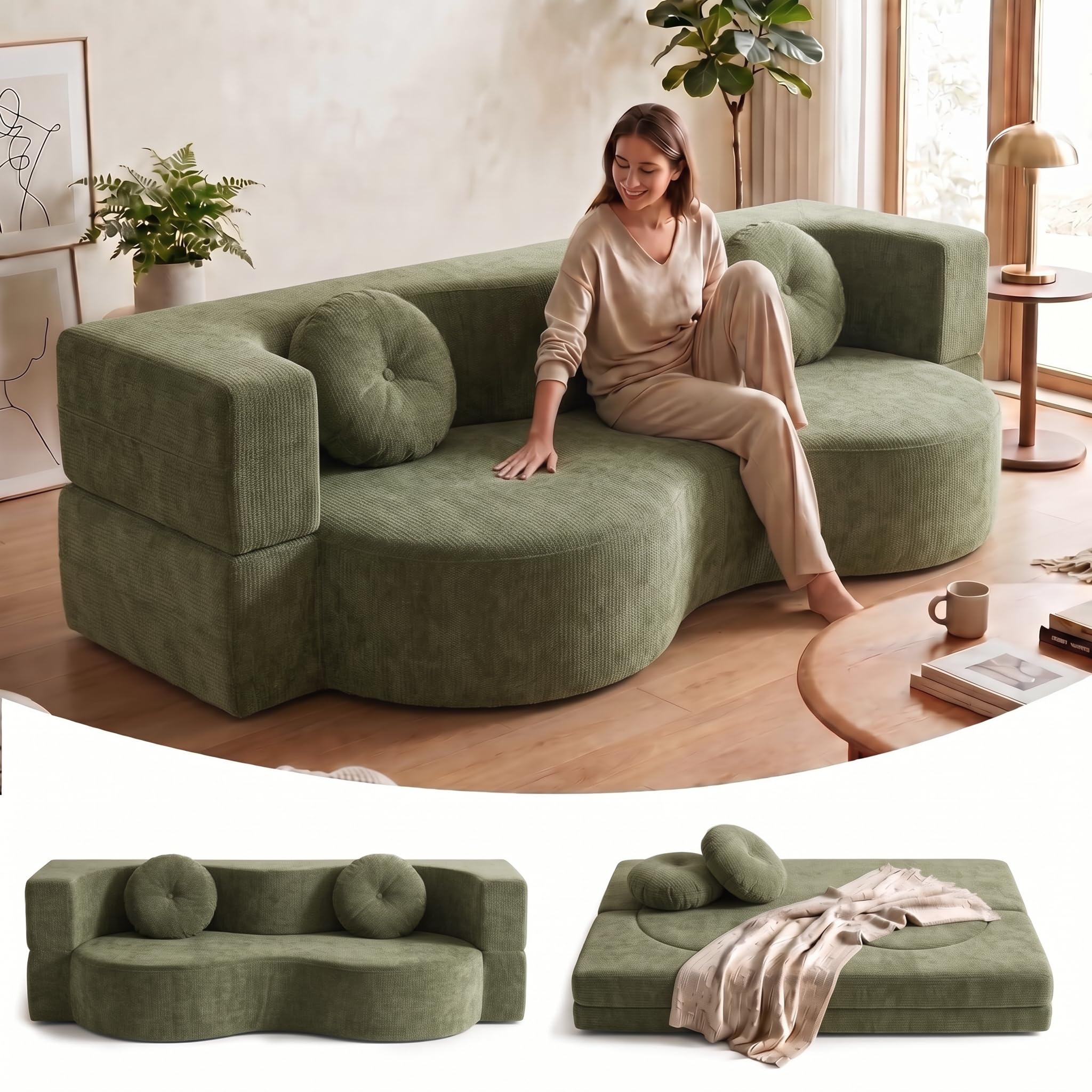 Divano Letto Pieghevole 2 in 1, Divano con Funzione Letto Senza Struttura Rigida, Sofa Bed con 2 Cuscini, Letto Ospiti Pieghevole per Soggiorno, Camera da Letto e Ufficio,Verde(200 x 50 x 64 cm)