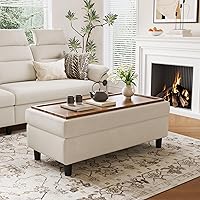 LINSY HOME 46" Beige Linen Storage Ottoman Bench - Folding Coffee Table Footstool with 30 Gal Storage, 660 lbs Capacity