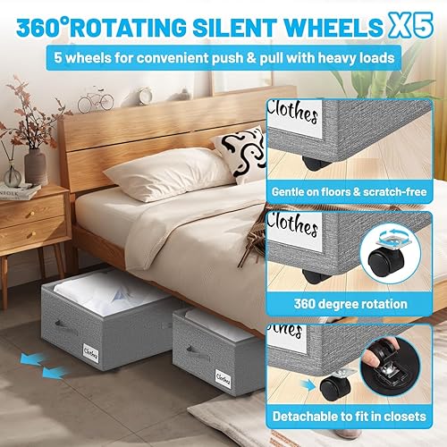 Miniatura 4 de Paquete de 2 contenedores de almacenamiento debajo de la cama con ruedas de 10 pulgadas de altura, contenedores de almacenamiento con ruedas XXL de