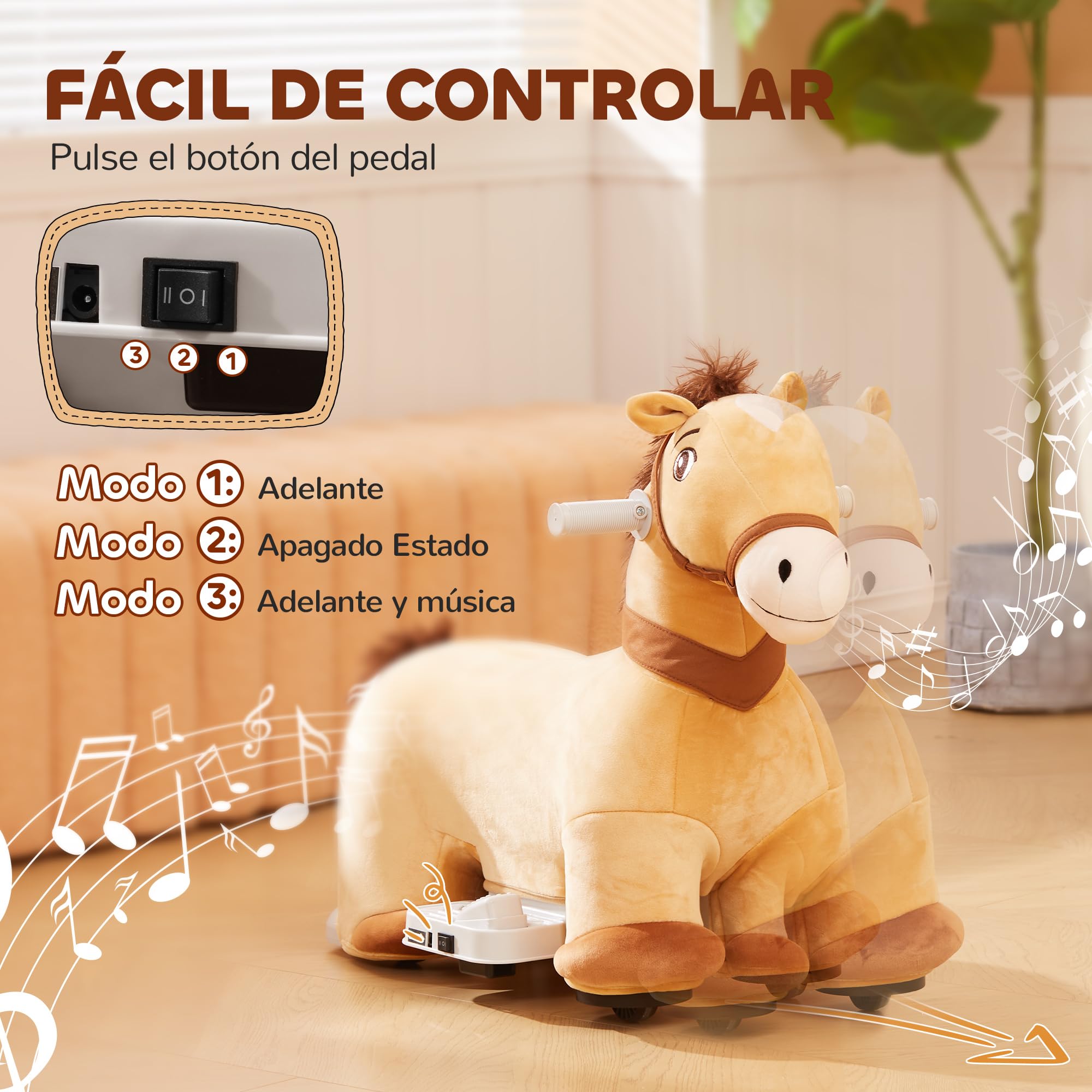 AIYAPLAY Caballo Eléctrico para Niños de 18 a 36 Meses Caballo de Juguete Eléctrico con Batería 6V Ruedas y Música Carga 25 kg 69x34x53 cm Marrón