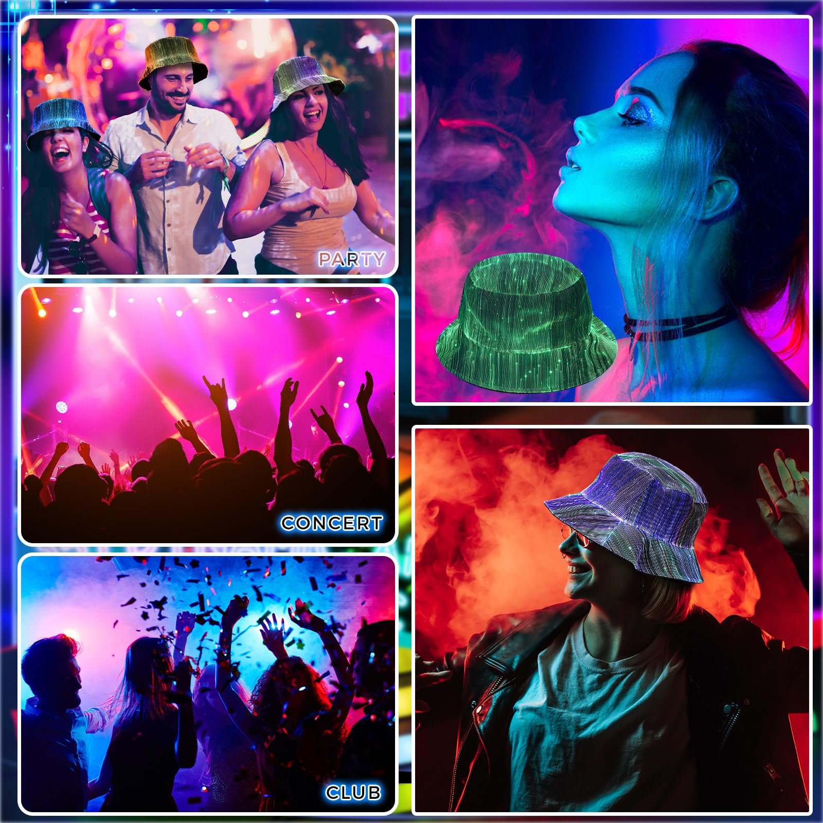 Geyoga Cappello da pescatore a LED con luce rave, 7 colori che si illuminano al buio, cappello luminoso in fibra ottica, ricarica USB, per uomini e donne