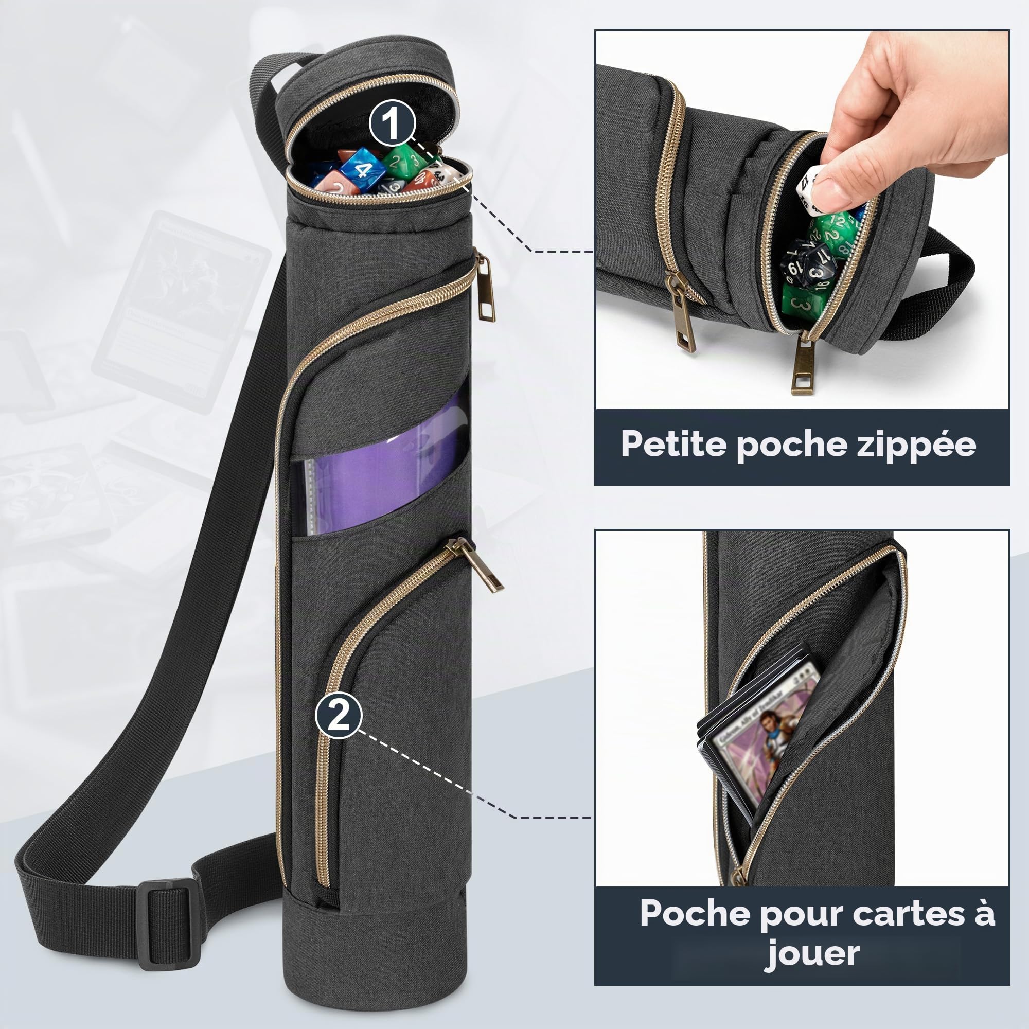 Rexmica Playmat Tube Holder pour Tapis de Jeu avec Porte-dés | Compatible avec Les Tapis de 35,6 x 61 Cm, Étui Tubulaire Rangement pour La Plupart Des Tapis de Jeu avec Bandoulière