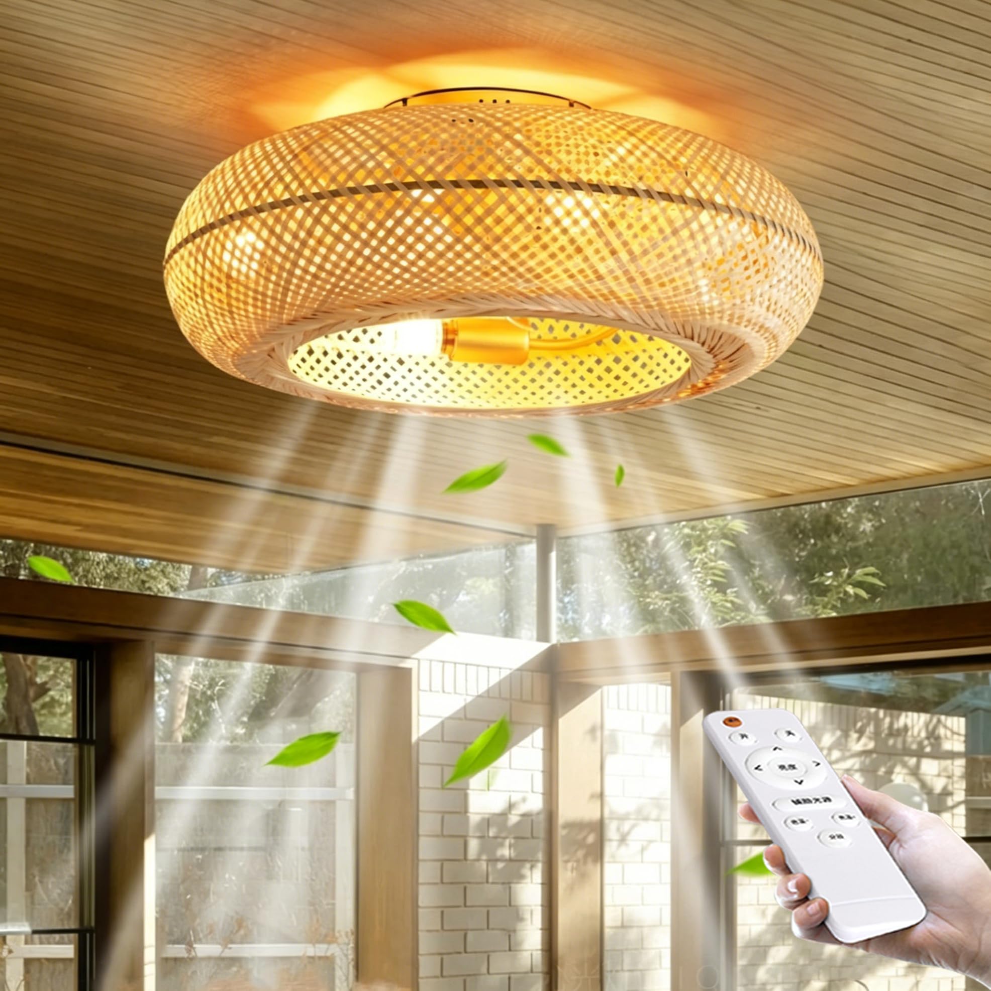 ENXING Rattan Ceiling Fan with Light Vintage Mute Ceiling Fan Light with Remote Control E26*4Ceiling Fan with Lighting 6 Speed Timer Fan for Bedroom Kitchen Living Room (Bulb Not Included)