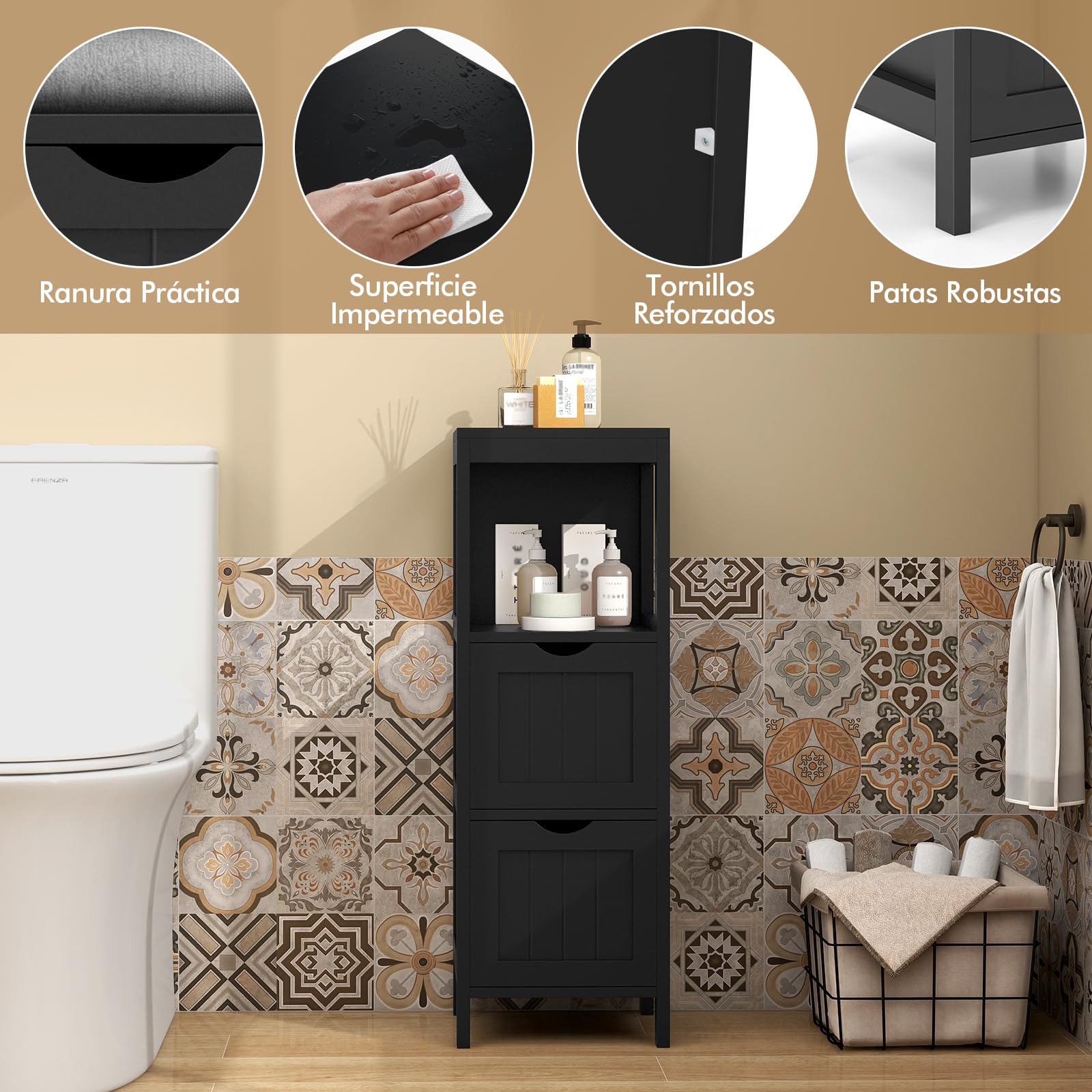 COSTWAY Muebles Baño, Cajonera Baño con 1 Estante y 2 Cajones Extraíbles, Armario Baño Estrecho Lateral, 30 x 30x 90cm, Sala Cocina Comedor (Negro)