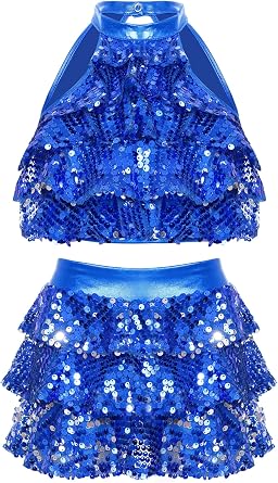 Jhaoyu Girls 2pcs Sequin Jazz Dance Outfits Metallic Crop Tank Top with Mini Skirt Hip Hop Latin Jazz Dance Set