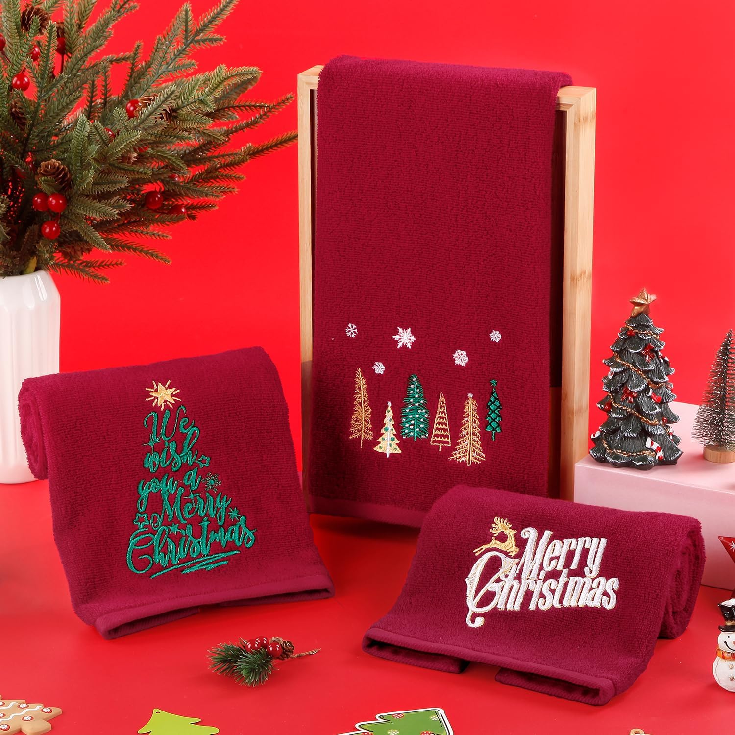 Quera 3 Pack Christmas Hand Towels 100% Cotton Embroidered Red Bathroom Decor Decorative Kitchen Towels Set for Drying, Cleaning, Cooking, Holiday Towels Gift Set,13.7 x 29.5 inches - Image 4