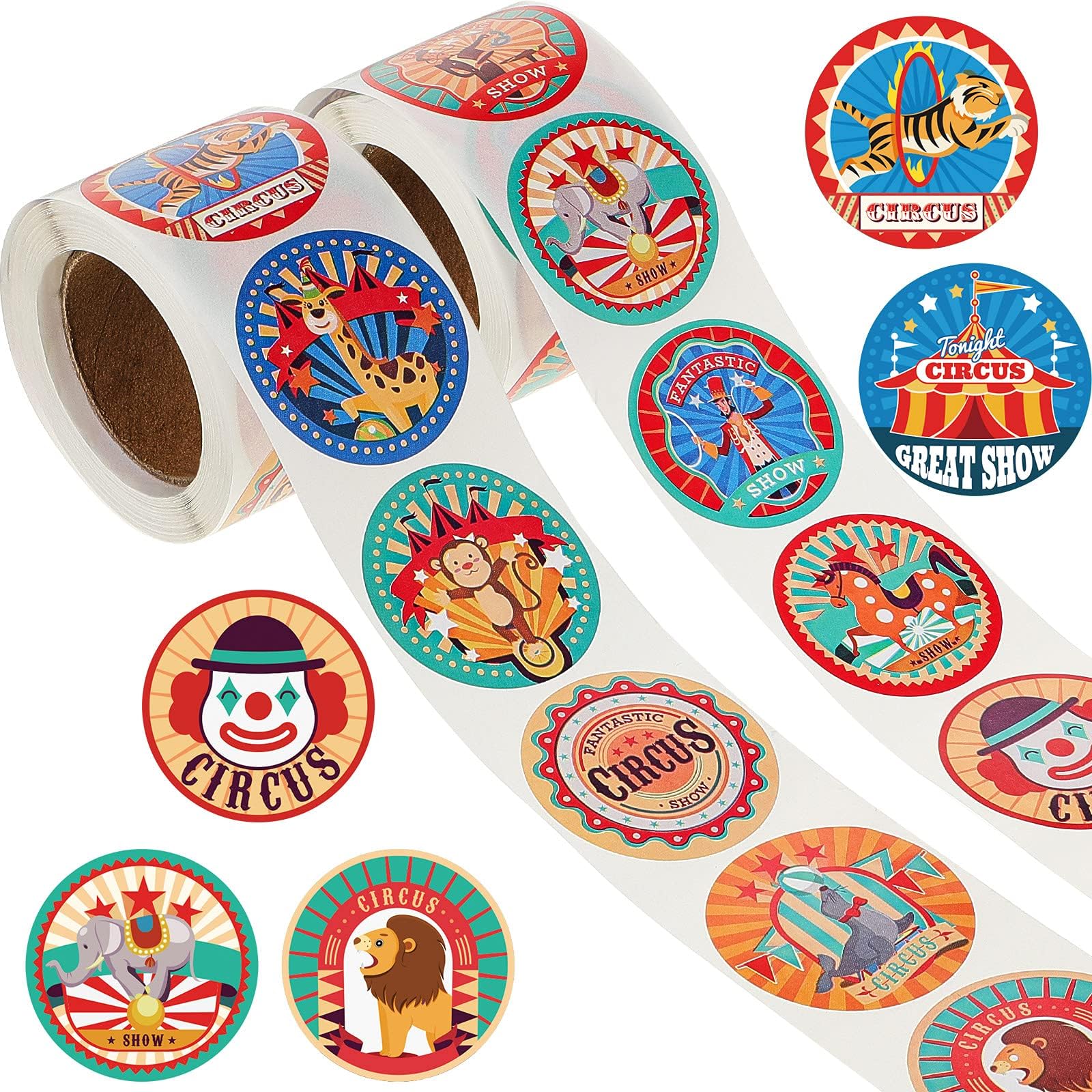 Zonon 500 Pieces Carnival Circus Party Stickers Carnival Themed Animal Clown Labels Sticker Party Favors for Birthday Envelope Seals Goodie Bags Decoration, 12 Styles