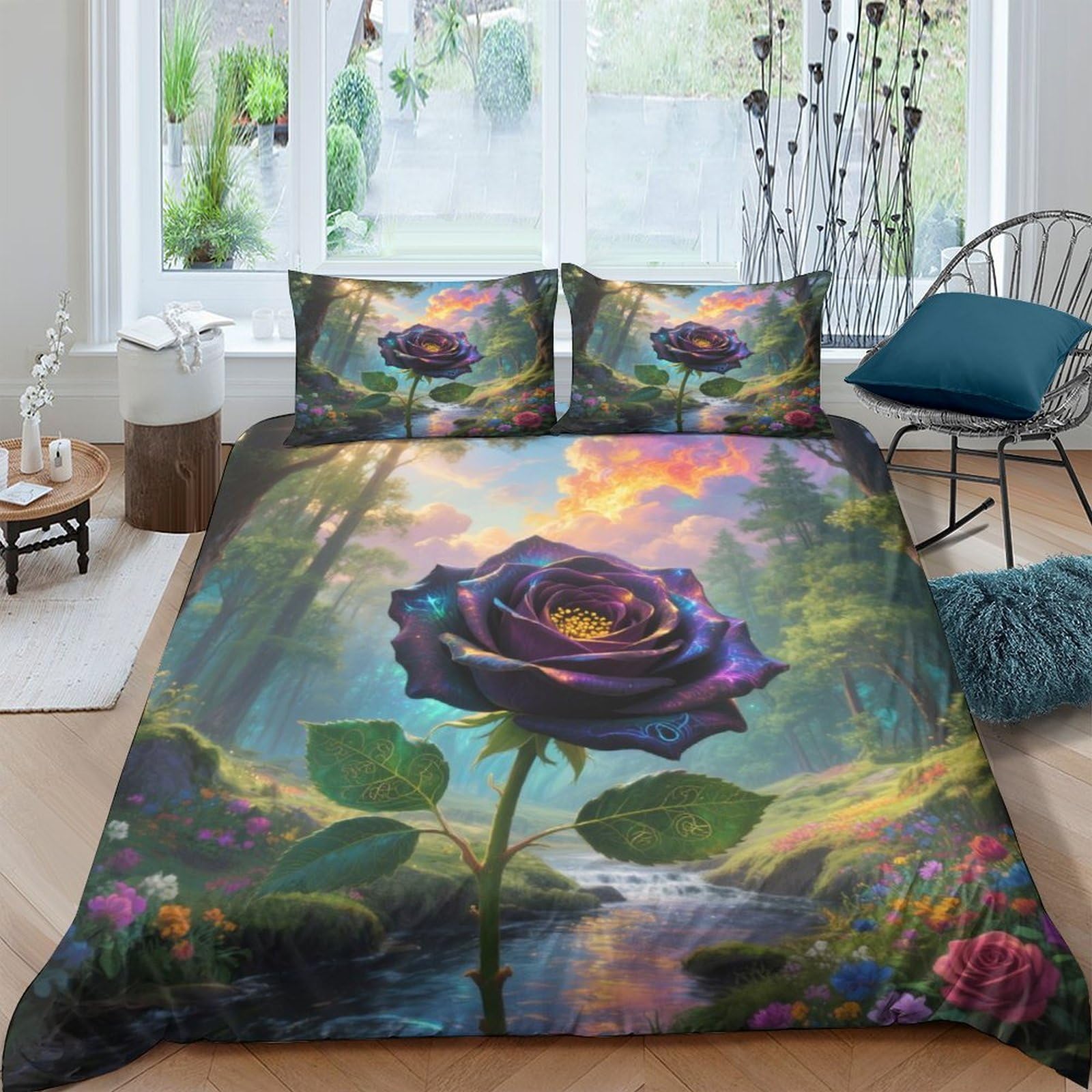 Rose Imprimée en 3D Housse De Couette Facile à Enfiler Microfibre Douce sans Repassage King