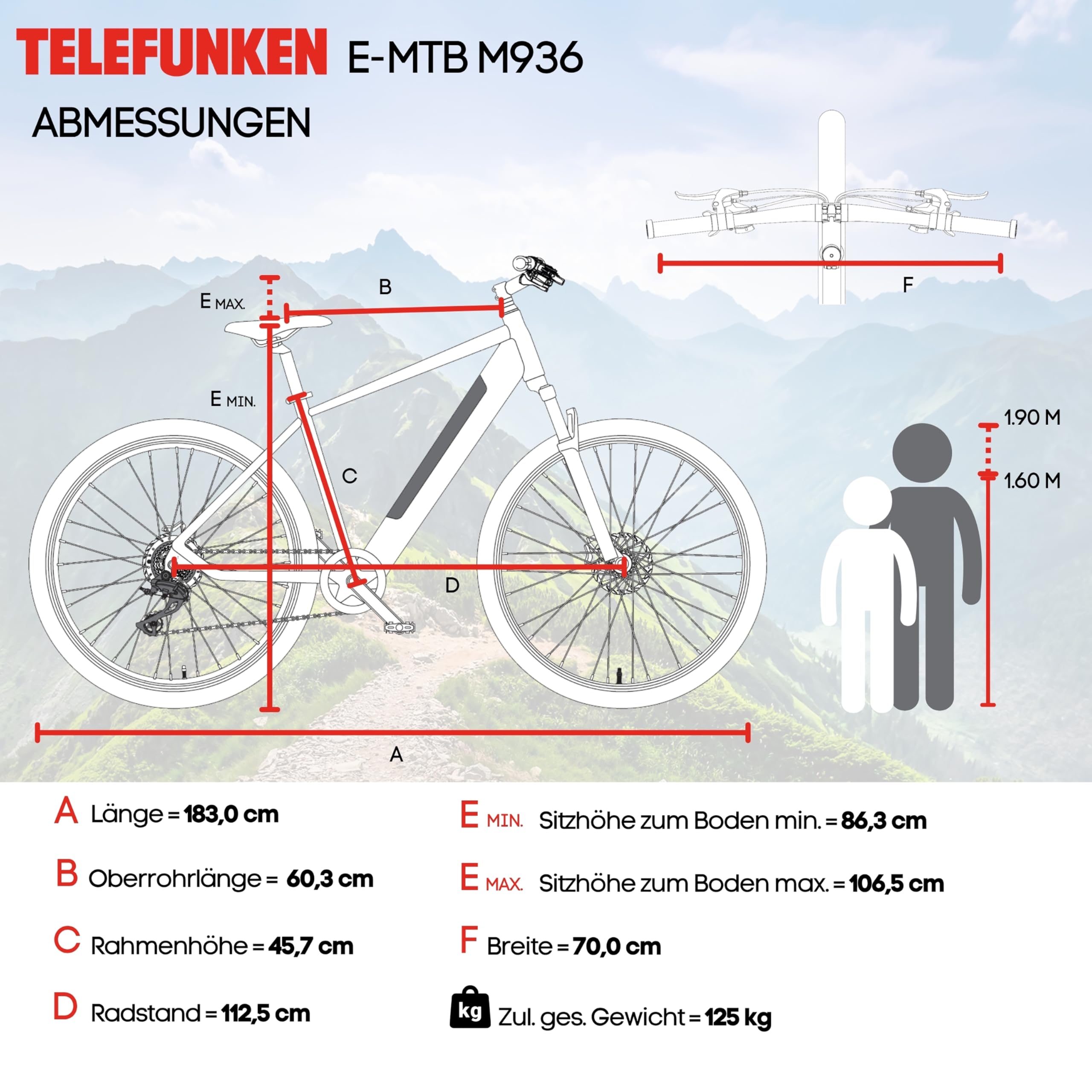TELEFUNKEN E-Bike Mountainbike Elektrofahrrad Alu, 8 Gang Kettenschaltung - Pedelec MTB 27,5 Zoll, Hinterradmotor, 250W, Hydr. Scheibenbremsen, Grau, Aufsteiger M936