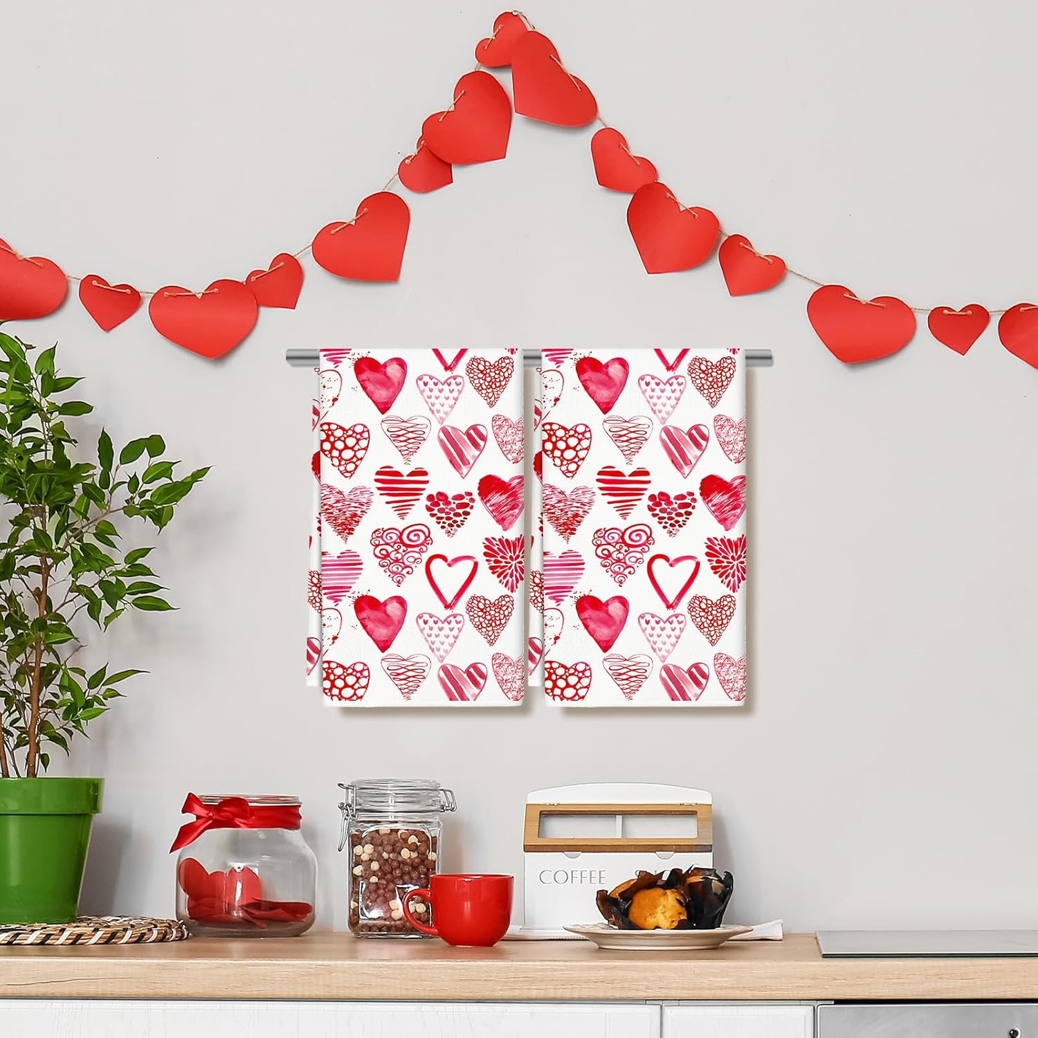 JarThenaAMCS Valentine Kitchen Towel Watercolor Heart Dish Towel 18 x 28 Inch Red Pink Hand Drying Tea Towel for Cooking Baking Party Supplies, 2Pcs - Image 5