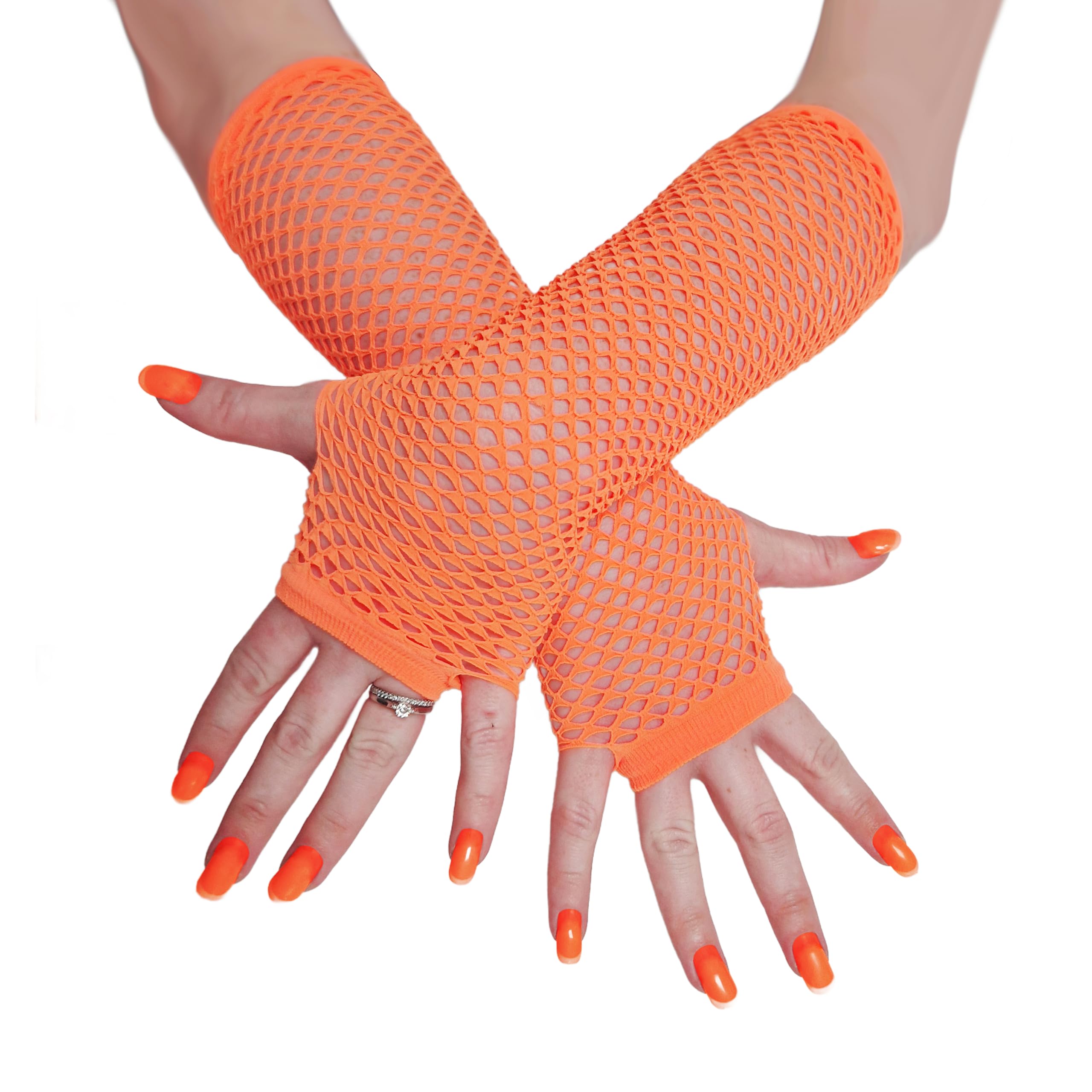 Fishnet Gloves Long Fingerless Arm Warmers, Elbow Length Mesh Sleeves for Women, Stretchy Sheer Opera Style for Rave Cosplay Halloween 80s Costume, One Size