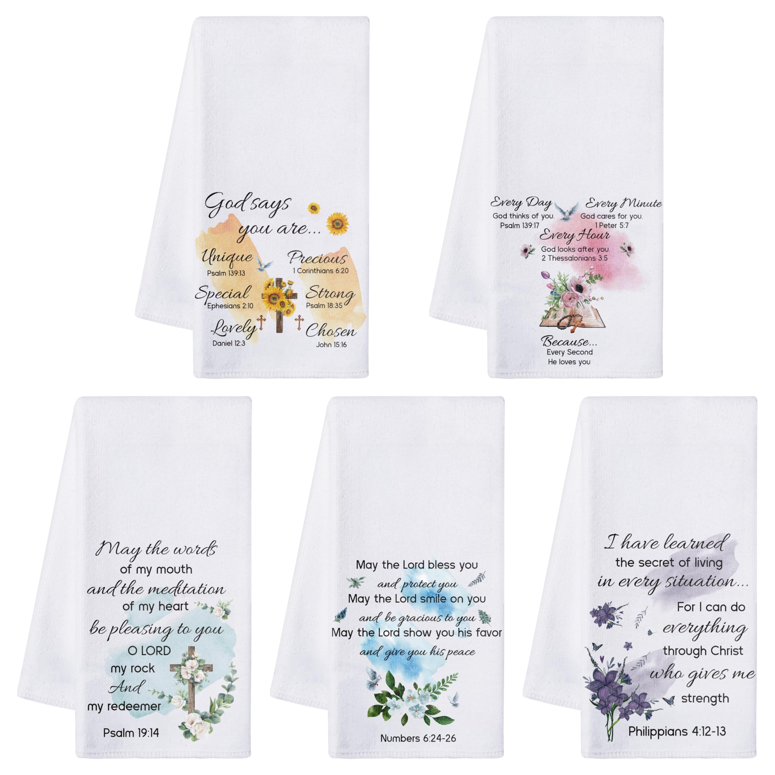 R HORSE Religious Christian Kitchen Dish Towel - 5Pcs Inspiration Flower Sayings Cleaning Dishcloth Bible Verse Absorbent Bar Quick Dry Hand Towel Tea Towels Xmas Gift for Women Men Housewarming Decor