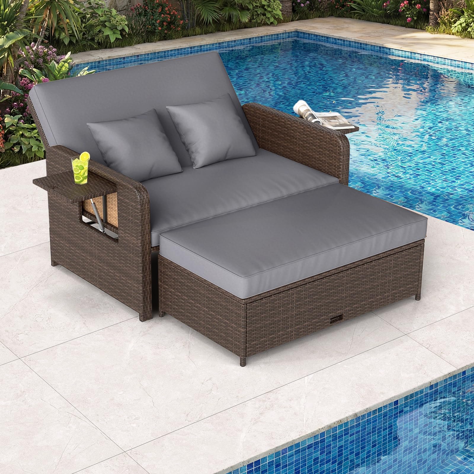 COSTWAY 4 en 1 Tumbona de Ratán para Patio, Sofa Exterior de Ratán con Respaldo Ajustable y Mesas Auxiliares Plegables, Conjunto de Sofá de 2 Piezas y Otomana con Almacenamiento (Marrón+Gris)