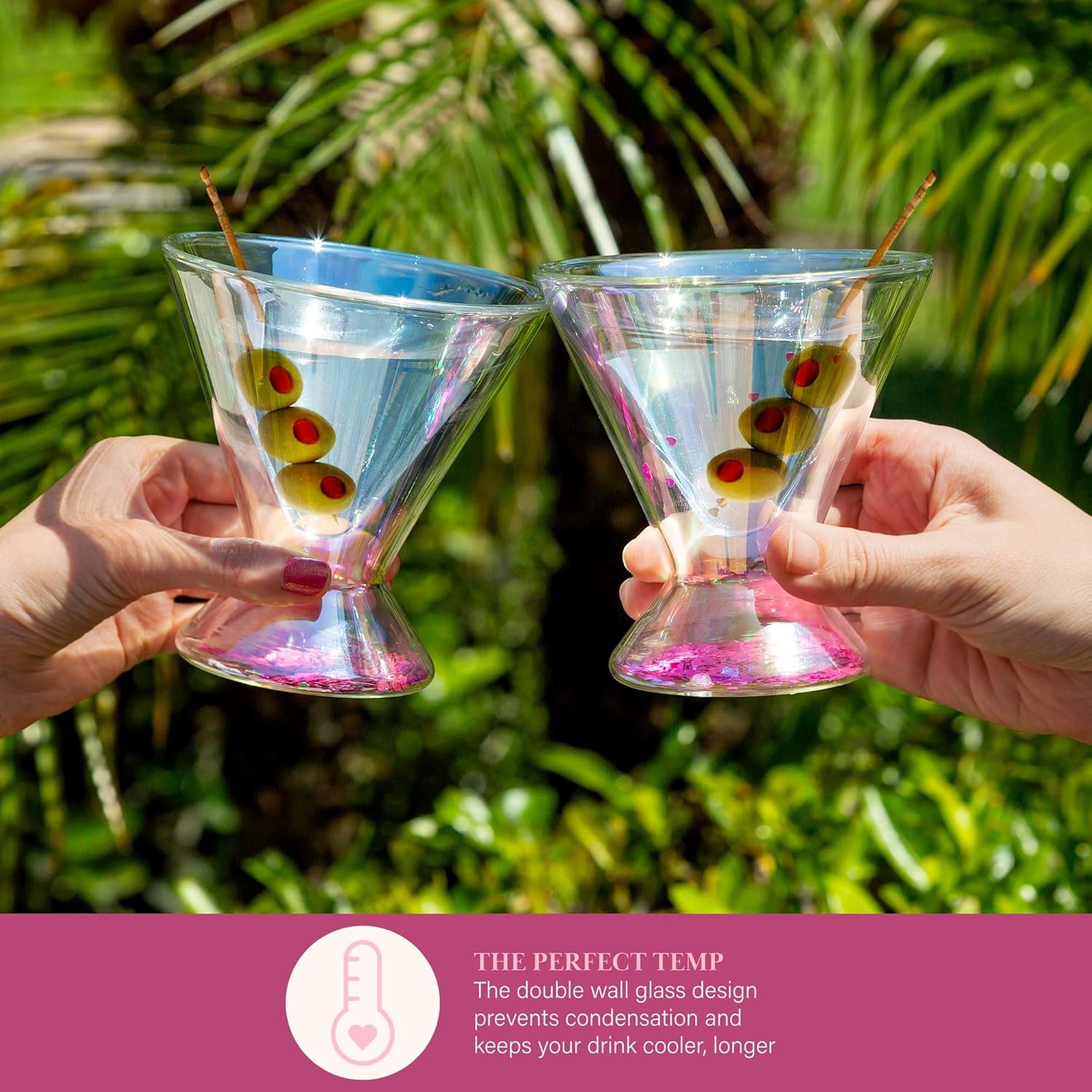 Paris Hilton 2-Piece Martini Glass Set, Double Wall Glass Design, Great for Martinis, Cocktails, Cosmopolitans, Margaritas, 207mL, 7-Ounce, Iridescent with Glitter Hearts - Image 7