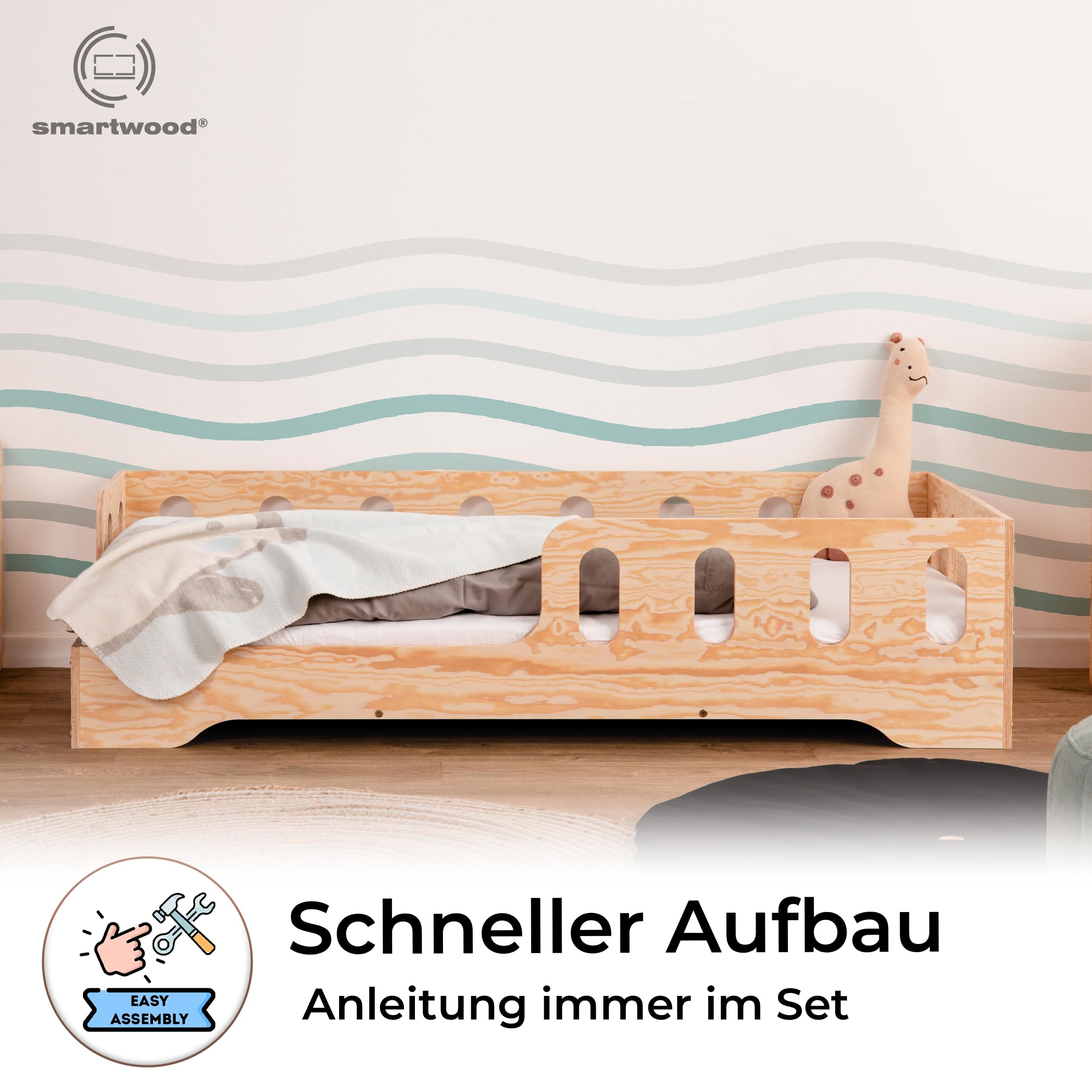 smartwood Bodenbett 90x200 cm mit Rausfallschutz, Holz, TILA 1L | Montessori Kinderbett, Lattenrost belastbar bis 230 kg, FSC-Zertifikat, abgerundete Kanten, Einfache Montage, ab 3 Jahren