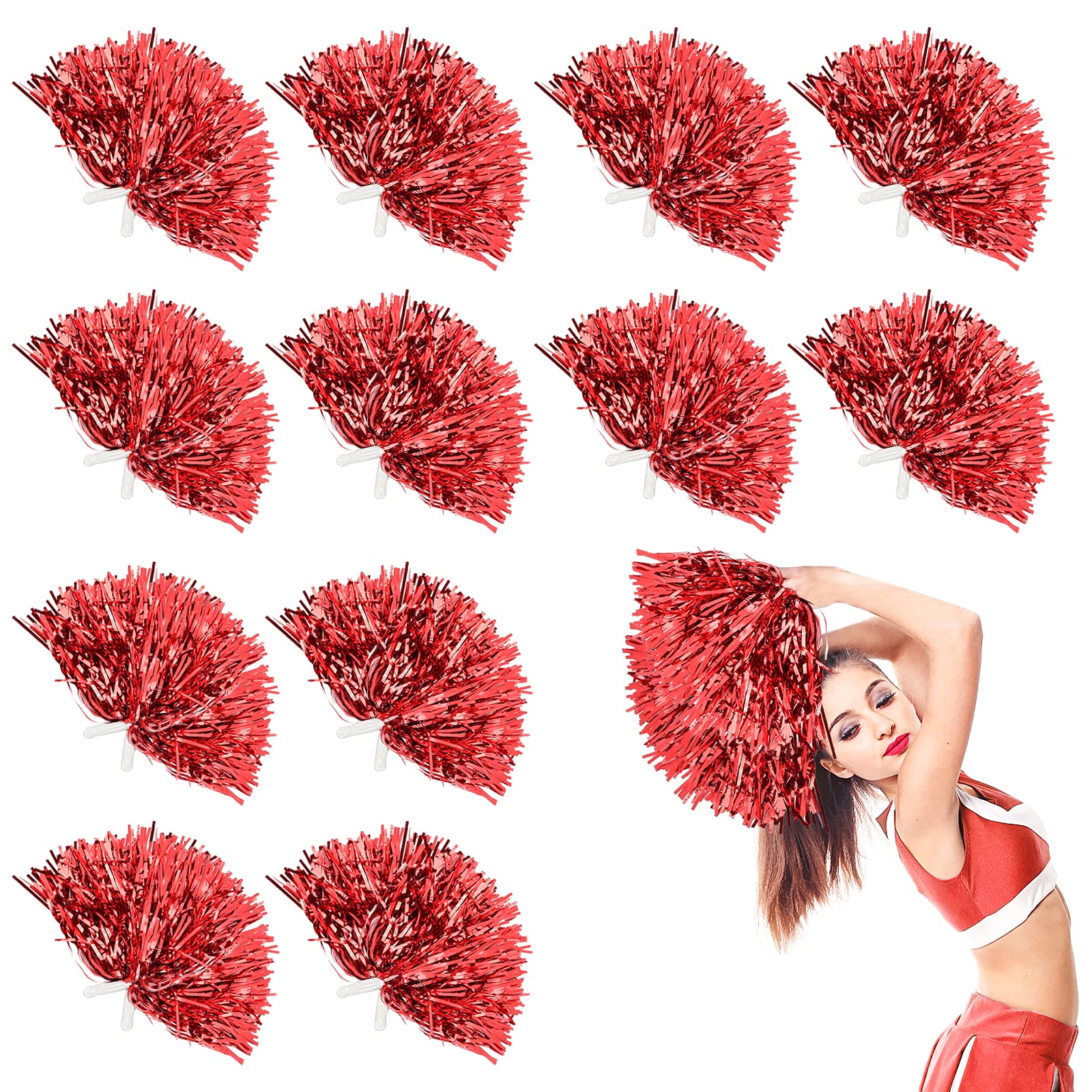DILIBRA 24 Pcs Metallic Cheerleading Pom Poms with Baton Handle (Red)