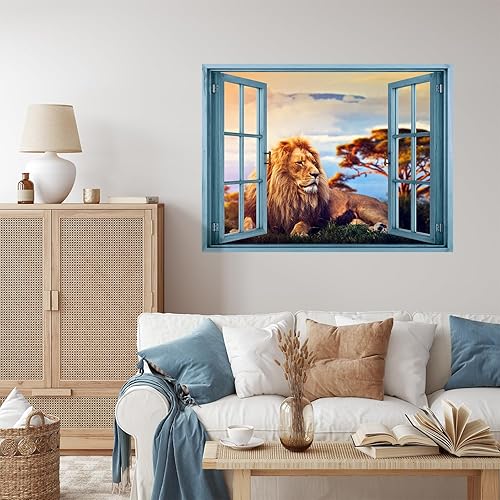 Miniatura 3 de wall26 Adhesivo removible de paredmural de pared, vista de ventana, selva africana, puesta de sol, león en campo, animales, naturaleza, fotografía,