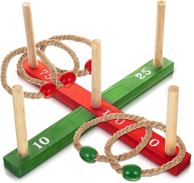 Hillington Garden Outdoor Rope Quoits and Wooden Pegs Hoopla Throwing Game, Natural Timber Board with 5 Wooden Pegs.