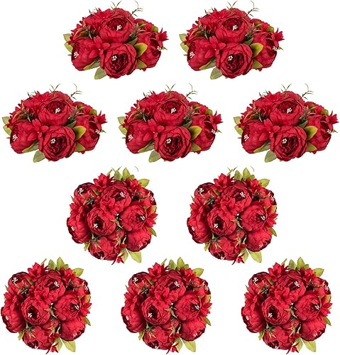 Miniatura 8 de NUPTIO Flores artificiales de peonía para centros de mesa 10 piezas de 9.4 pulgadas de diámetro blanco de imitación de peonía de flores falsas,
