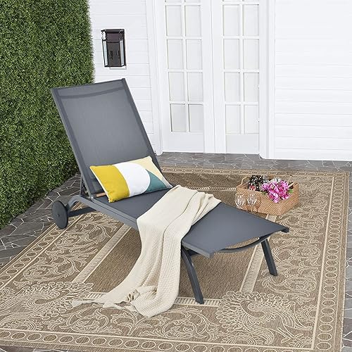 Miniatura 2 de Tangkula Tumbona de aluminio para exteriores, silla reclinable para patio con 6 respaldos ajustables, tumbona reclinable con ruedas para playa,