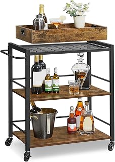 VASAGLE ULRC72X 3-Tier Kitchen Serving Cart with Removable Tray, Lockable Wheels, Brakes & Storage - Rustic Brown/Black, 132lb Capacity