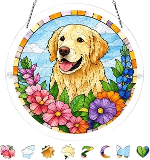 Golden Retriever Acrylic Jigsaw Puzzle Suncatcher Floral Garden Decor | happy dog floral window hanging sun catcher puzzle for patio bedroom kitchen, colorful home decor gift for women, 7.8 in