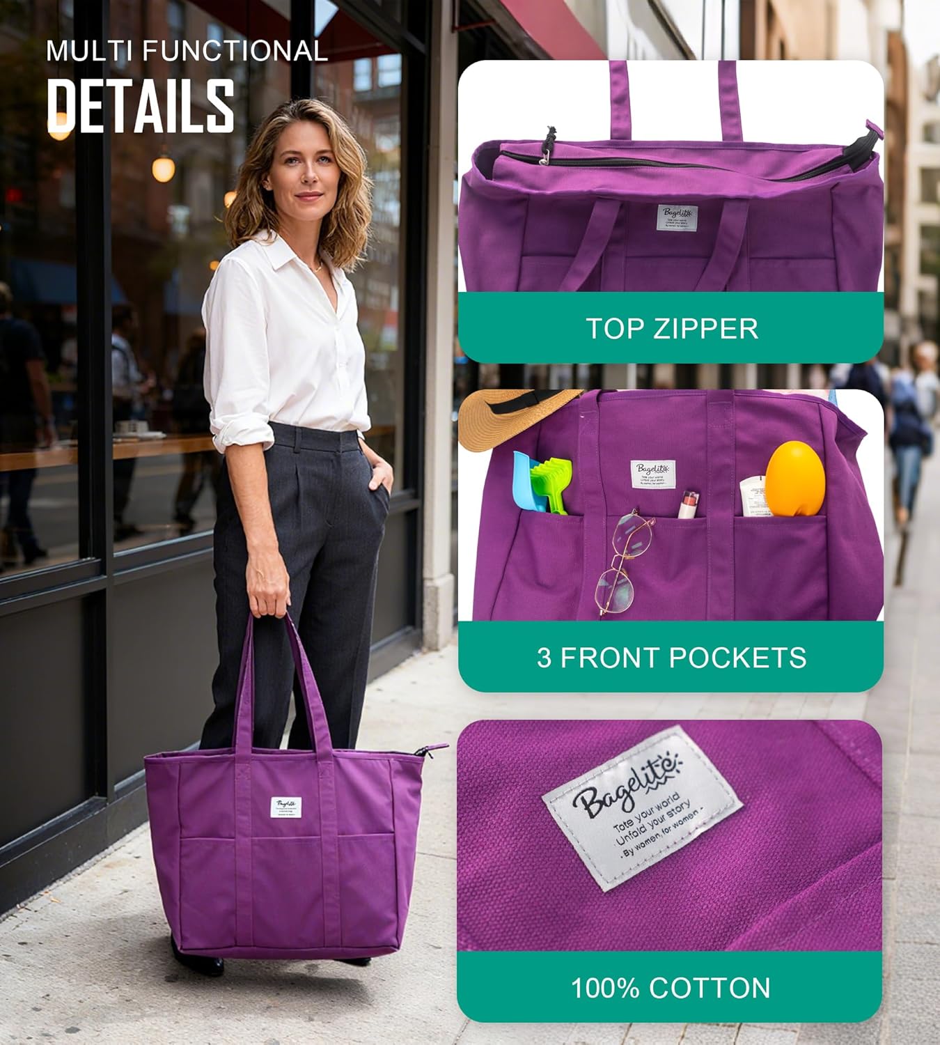 Extra Large Canvas Tote for Women Men, Utility Work Bag with Zipper - Image 3