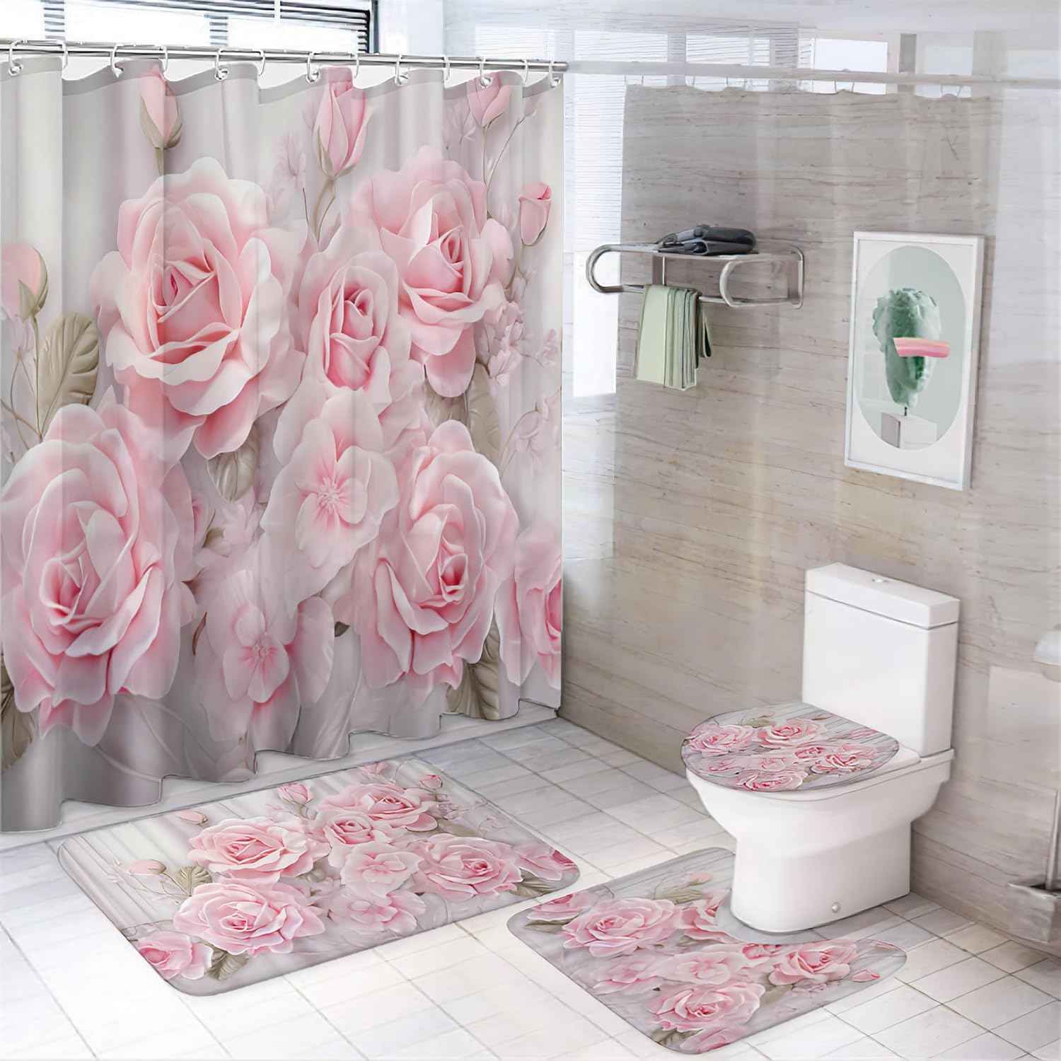 4Pcs Modern Pink Roses Shower Curtain Sets with Non-Slip Rugs, Toilet Lid Cover and U Shape Bath Mat, Beautiful Flowers Fantasy Floral Bathroom Sets Waterproof Shower Curtains with 12 Hooks