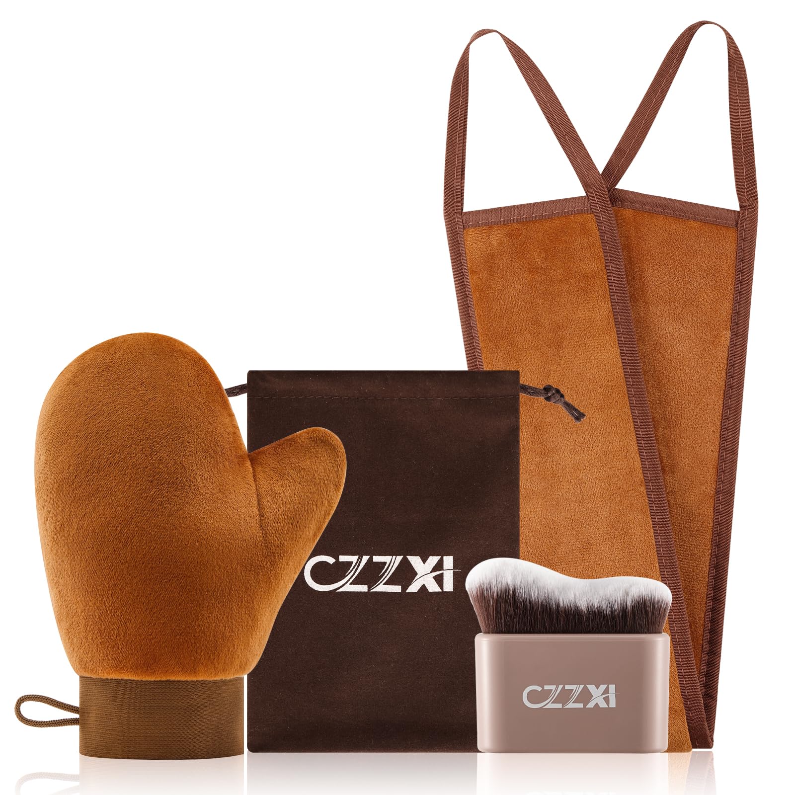 CZZXI Tanning Mitt, Body Brush & Back Tanner Applicator Kit – Self-Tan Applicator for Body, Face & Hard-to-Reach Areas | Includes Storage Pouch: 3 Piece (Brown)