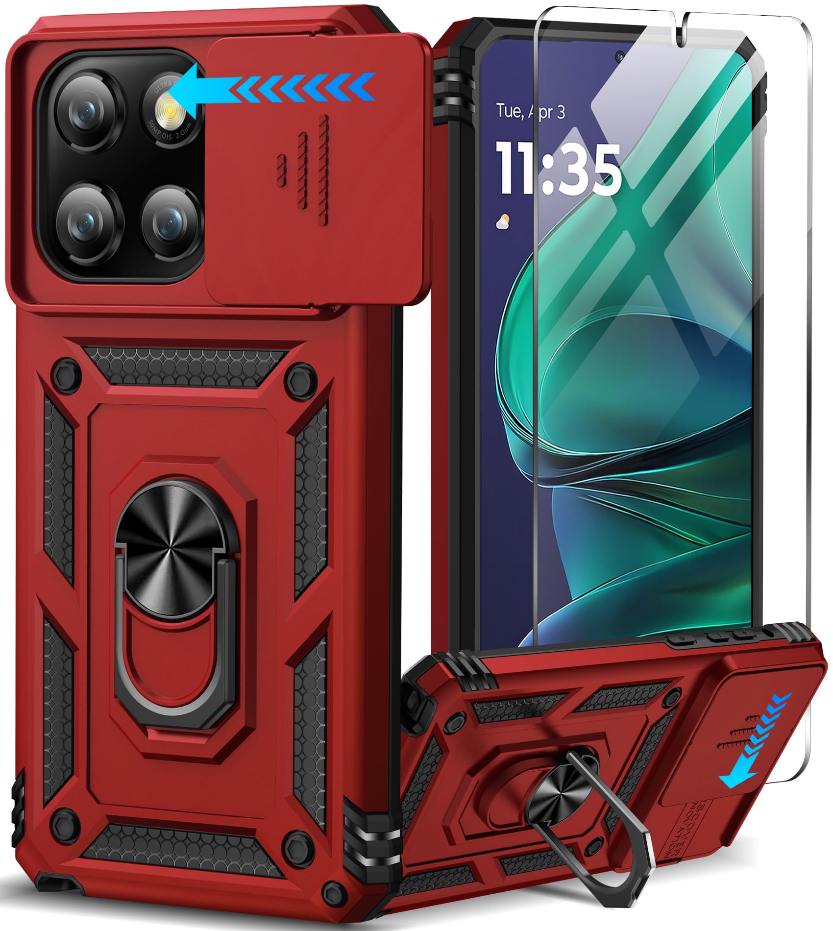 Taisairu for Motorola Moto G Stylus 2025 Case with Screen Protector & Slide Camera Lens Cover, Built-in Ring Stand Shockproof Protective Phone Case