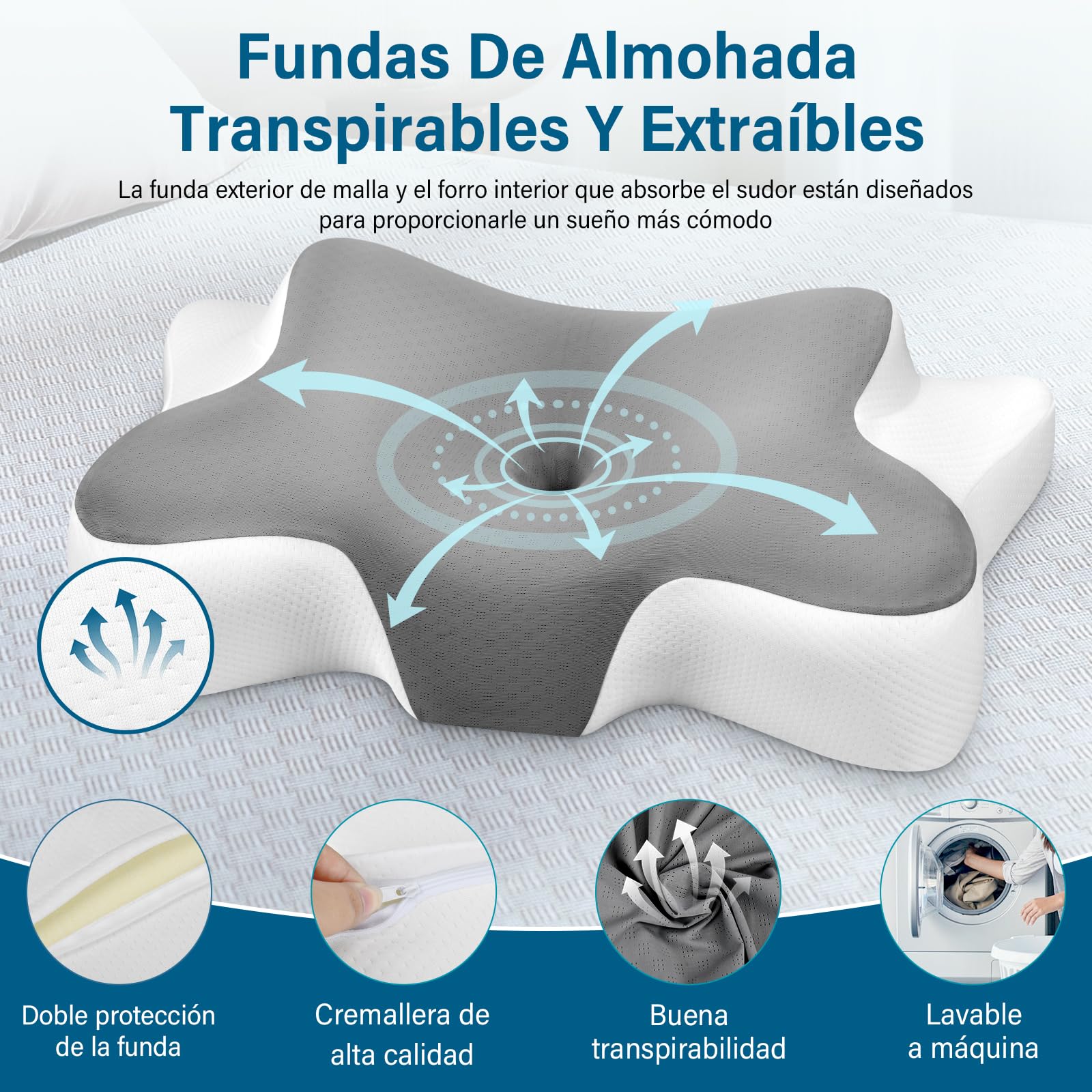 Almohada Cervicales y Cuello, Almohada Cervical en 2 Alturas, Almohada Viscoelastica con Funda de Almohada Extraíble para Dormir de Lado, Boca Arriba y Boca Abajo, 66x37x9/12cm