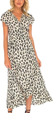SHU-SHI Womens Wrap Dress Long Leopard Print Cap Sleeves Flowy with Ruffle Trim